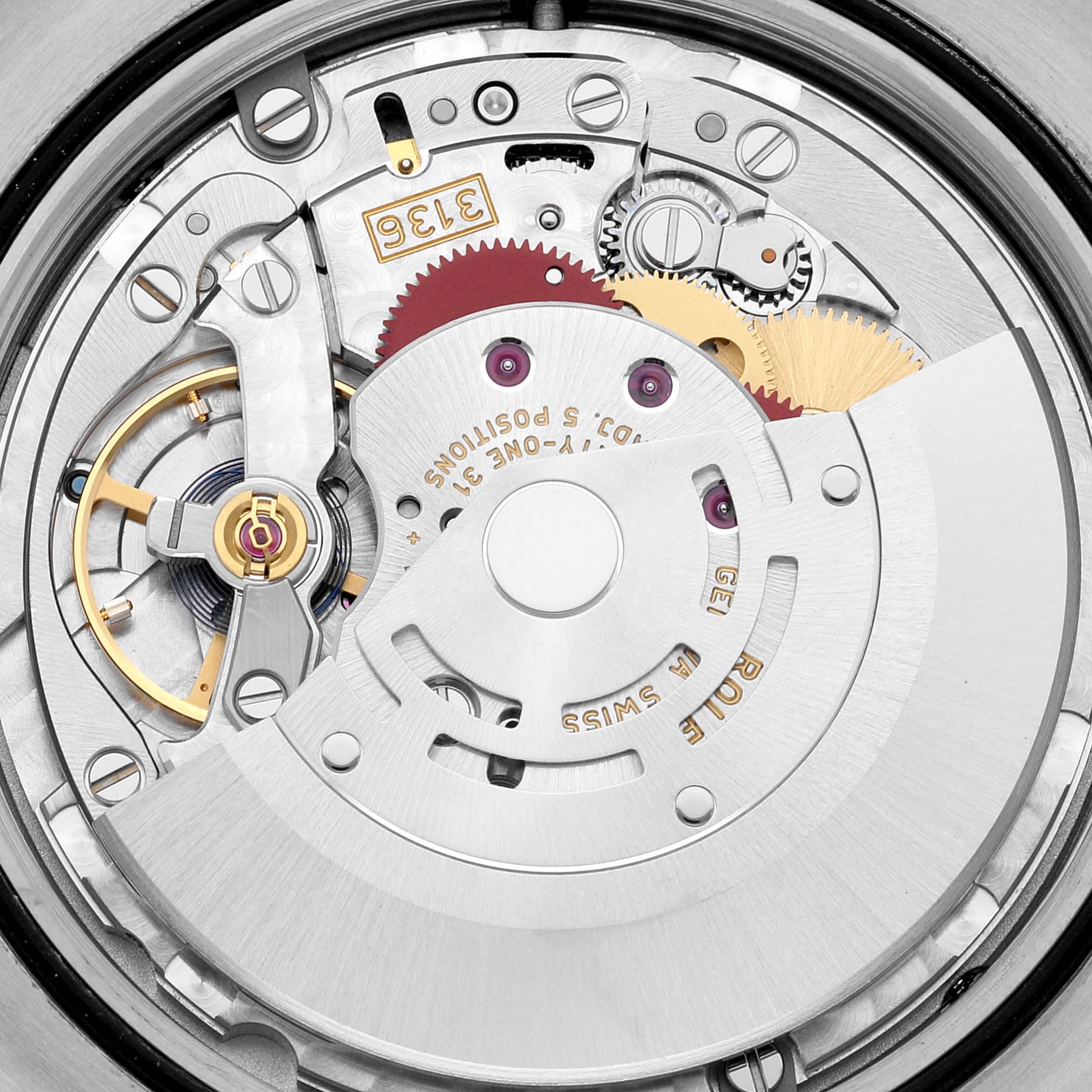 This image shows a detailed, close-up view of the movement mechanism inside a Rolex Datejust 41 116334 Men
s Stainless Steel Silver Dial 116334 Men
s Stainless Steel Silver Dial watch.