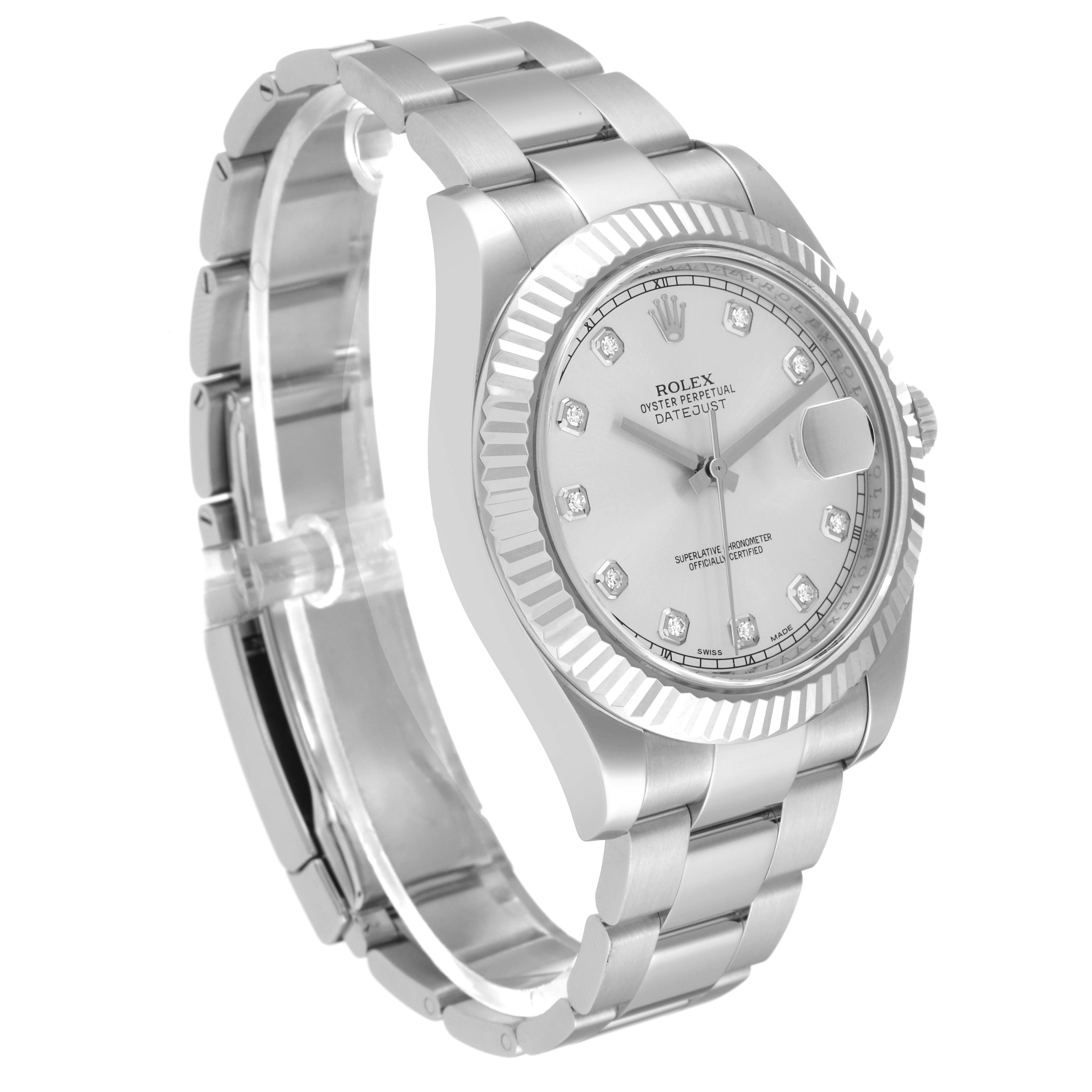 The image shows a side and front angle of a Rolex Datejust 41 116334 Men
s Stainless Steel Silver Dial 116334 Men
s Stainless Steel Silver Dial watch with a silver dial and stainless steel bracelet.