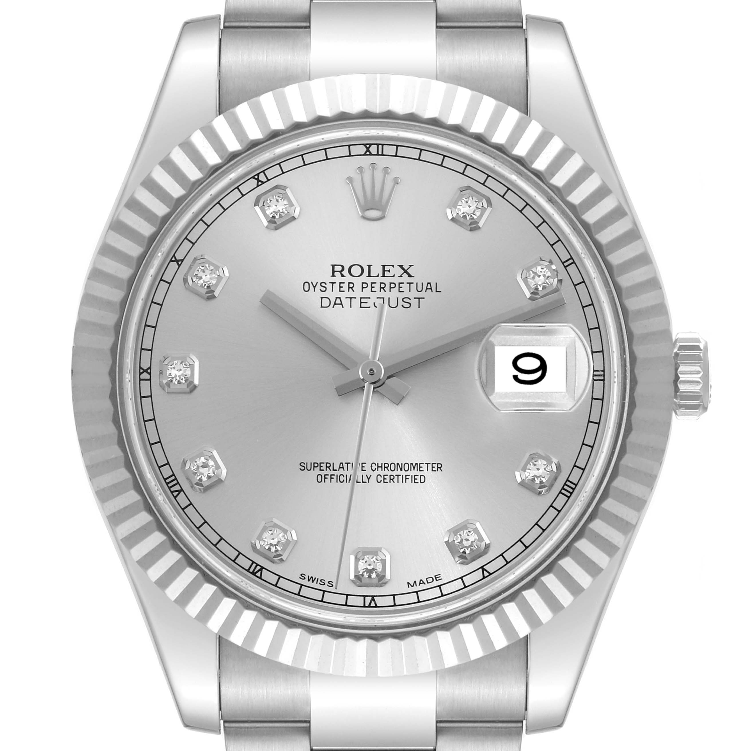 The image shows a frontal view of a Rolex Datejust 41 116334 Men
s Stainless Steel Silver Dial 116334 Men
s Stainless Steel Silver Dial watch, highlighting the dial, date window, fluted bezel, and part of the bracelet.