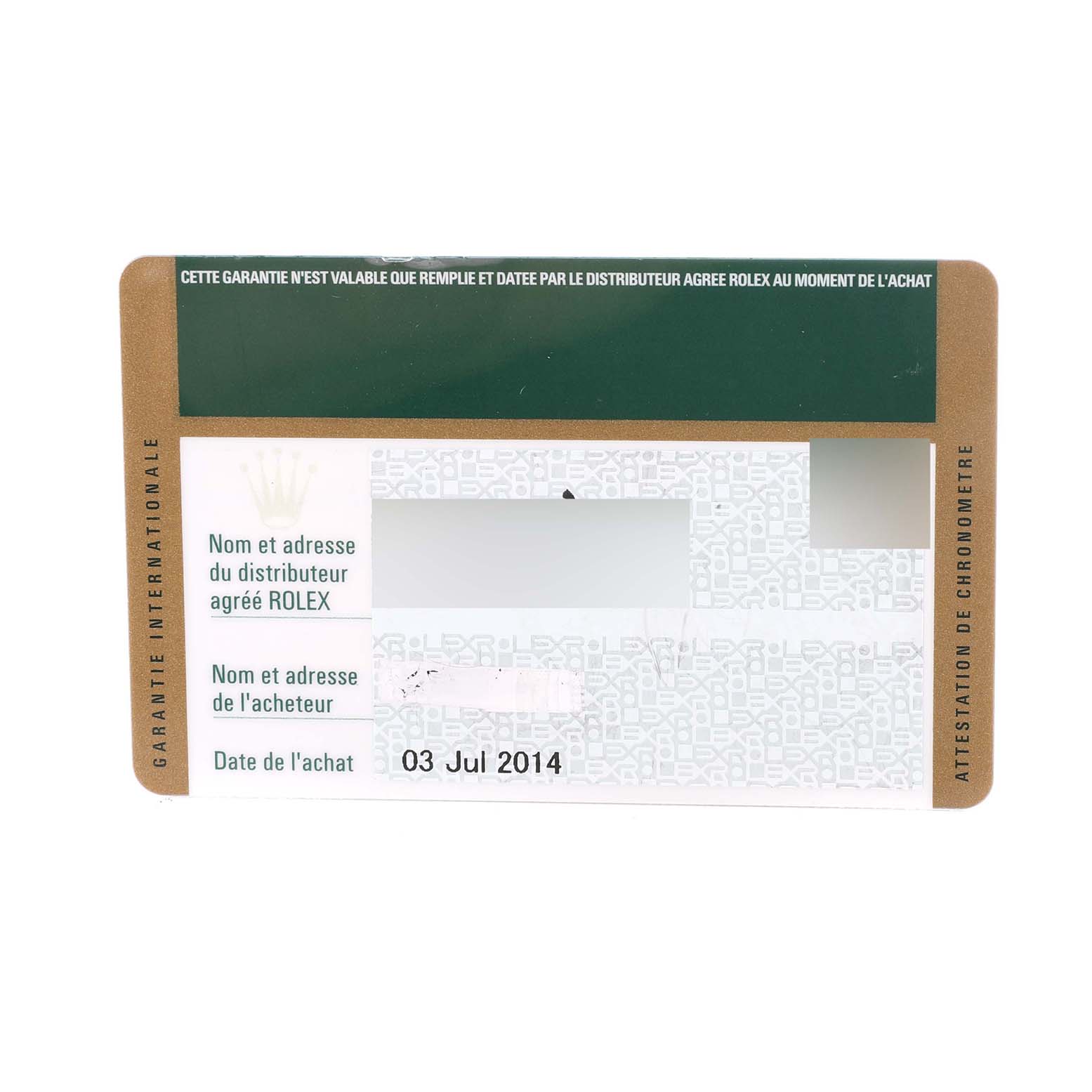 This image shows the international warranty card for the Rolex Datejust 41 116334 Men
s Stainless Steel Silver Dial 116334 Men
s Stainless Steel Silver Dial watch.