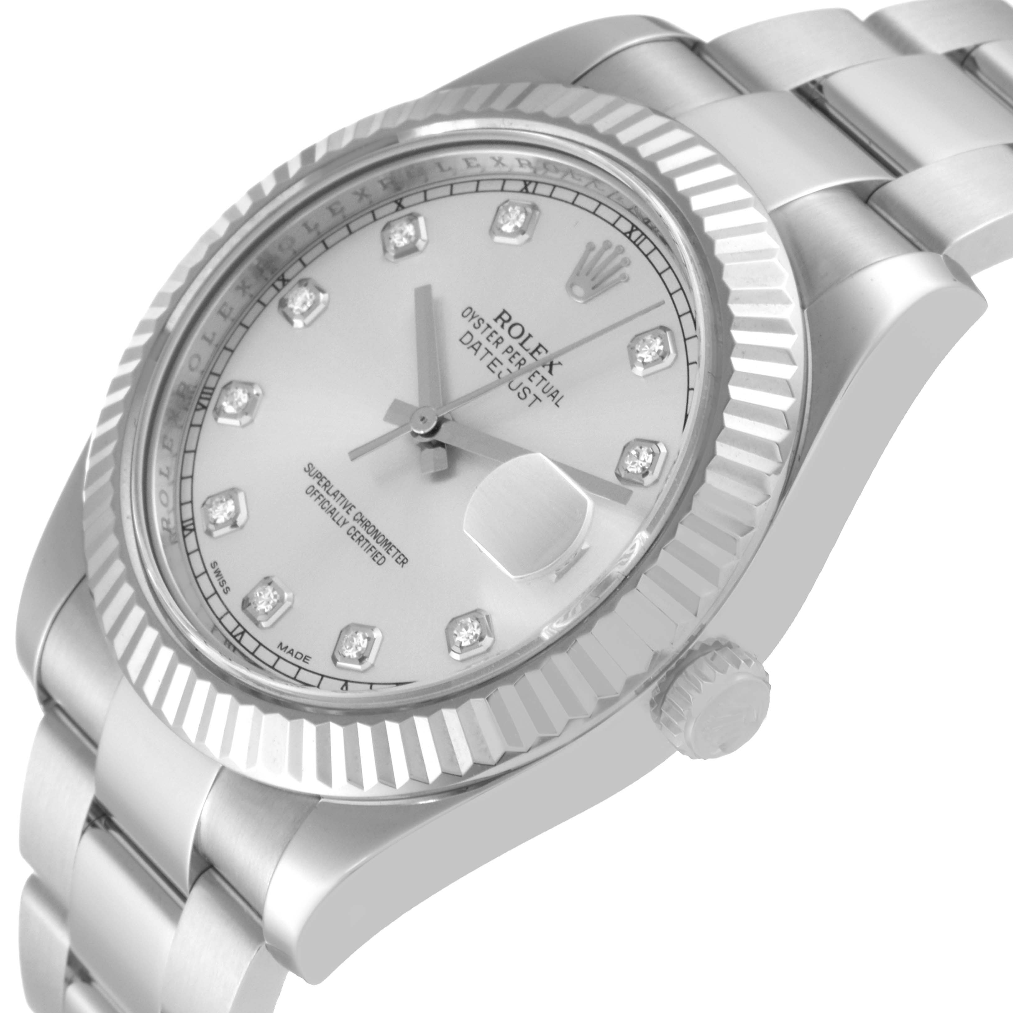 The image shows a close-up angled view of a Rolex Datejust 41 116334 Men
s Stainless Steel Silver Dial 116334 Men
s Stainless Steel Silver Dial watch displaying the face, bezel, part of the bracelet, and crown.