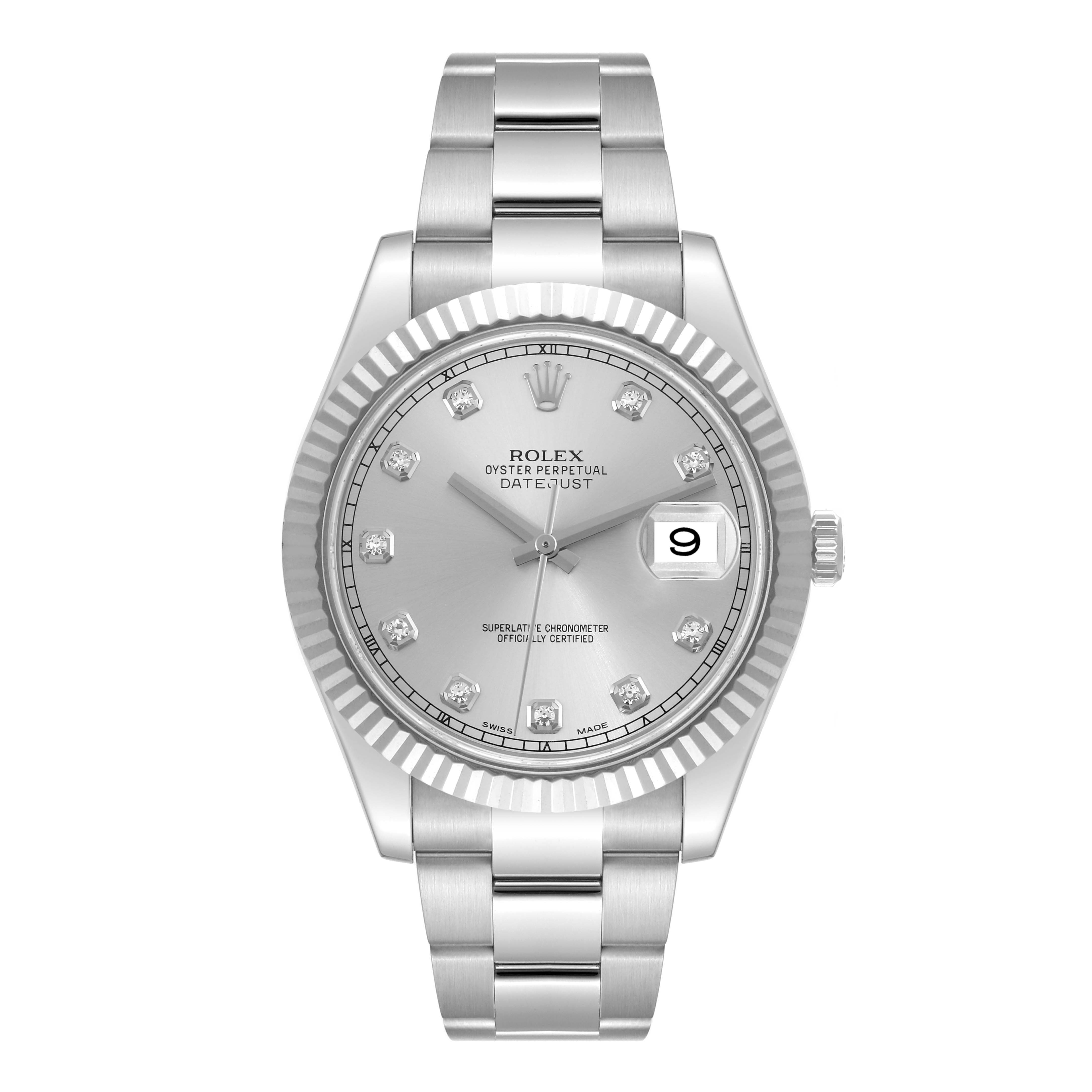The image shows the front view of the Rolex Datejust 41 116334 Men
s Stainless Steel Silver Dial 116334 Men
s Stainless Steel Silver Dial watch, showcasing its dial, bracelet, and fluted bezel.