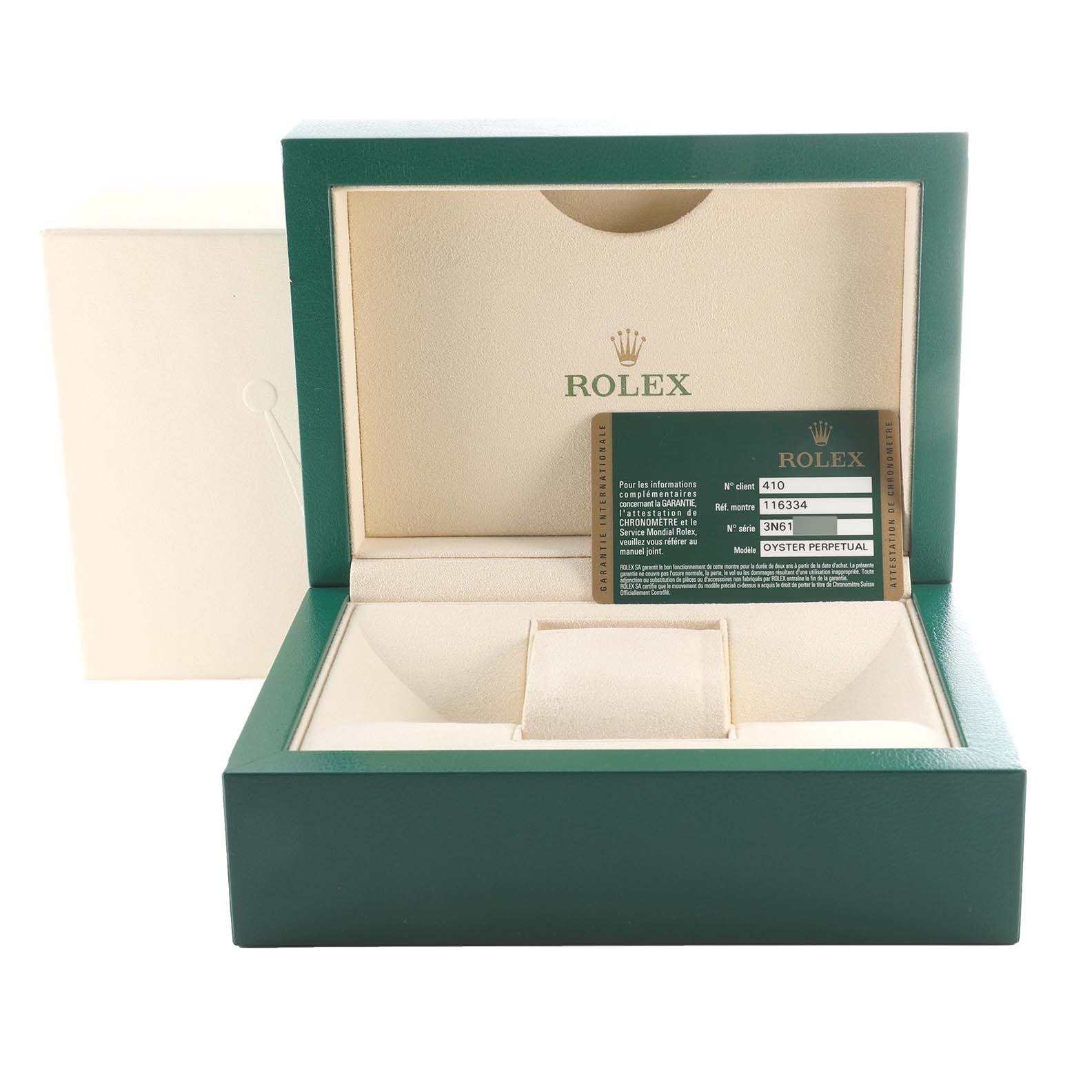 This image shows the packaging for a Rolex Datejust 41 116334 Men
s Stainless Steel Silver Dial 116334 Men
s Stainless Steel Silver Dial, including the green box, cushion, and warranty card.