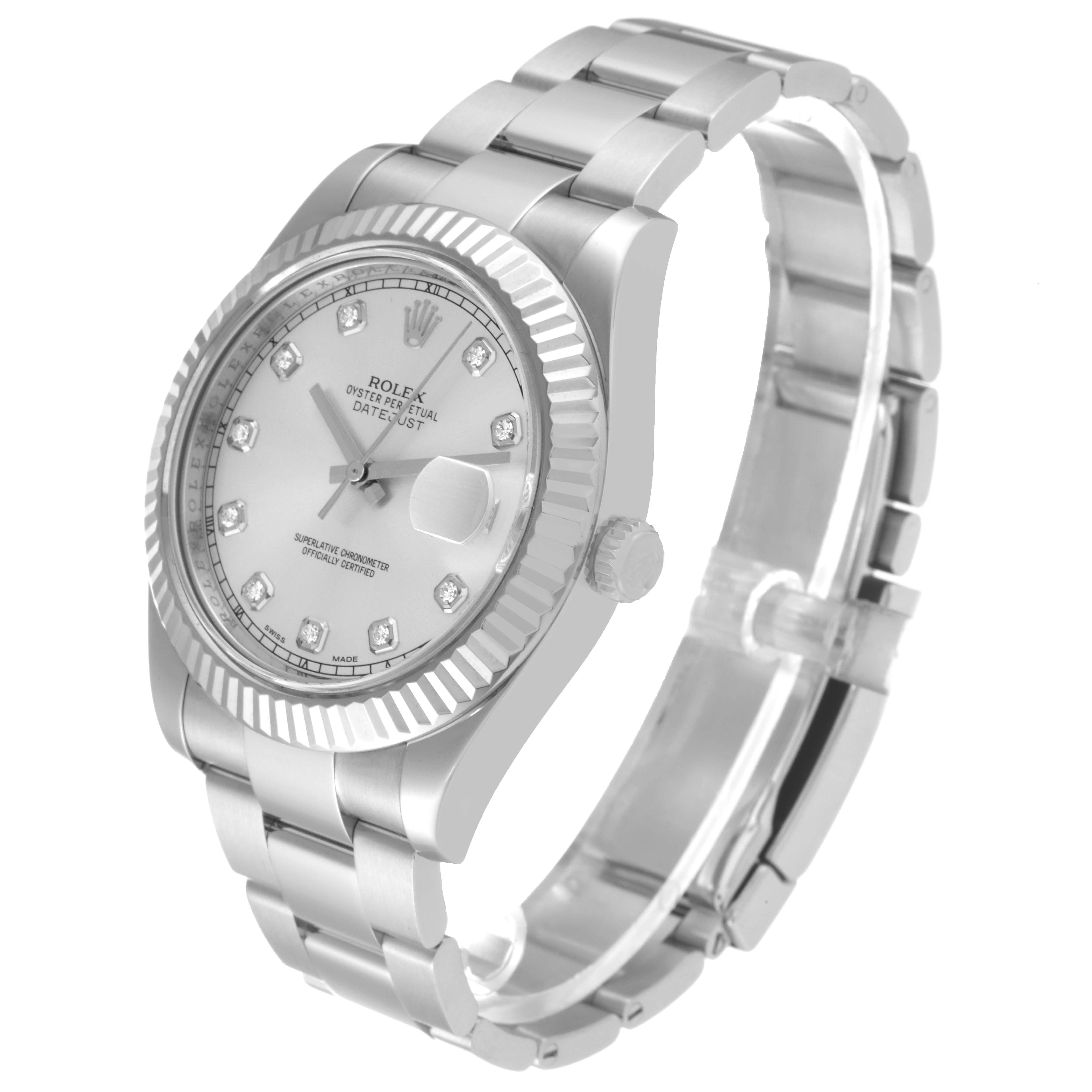 The Rolex Datejust 41 116334 Men
s Stainless Steel Silver Dial 116334 Men
s Stainless Steel Silver Dial is shown at a three-quarter angle displaying its face, bezel, and bracelet.