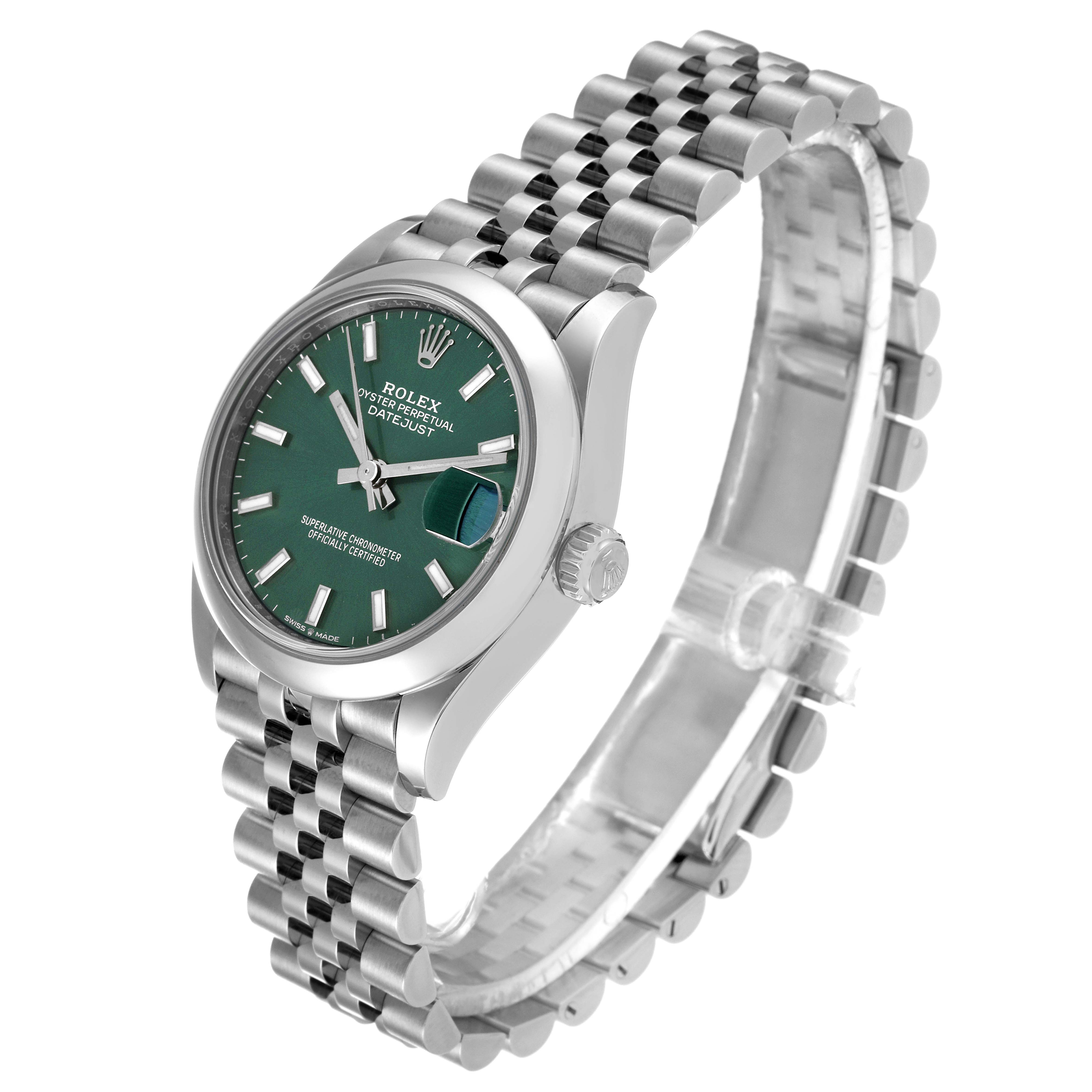 The image shows a Rolex Mid-Size 278240 Women's Stainless Steel Green Dial 278240 Women's Stainless Steel Green Dial Oyster Perpetual Datejust watch at a three-quarter angle, highlighting its green dial and steel bracelet.