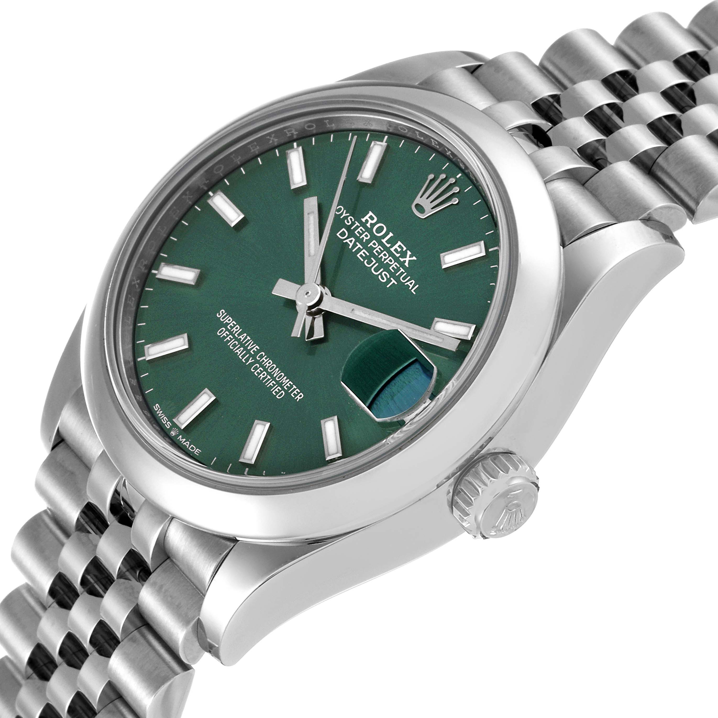 The Rolex Mid-Size 278240 Women's Stainless Steel Green Dial 278240 Women's Stainless Steel Green Dial watch is shown at an angled view, highlighting the green dial, bracelet, crown, and date magnifier.