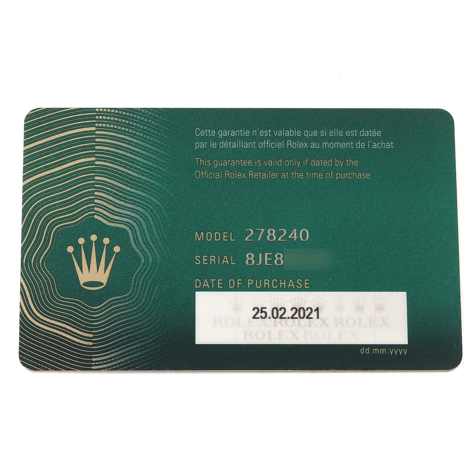 This image shows the warranty card for a Rolex Mid-Size 278240 Women's Stainless Steel Green Dial 278240 Women's Stainless Steel Green Dial model 278240, displaying the serial number and date of purchase.