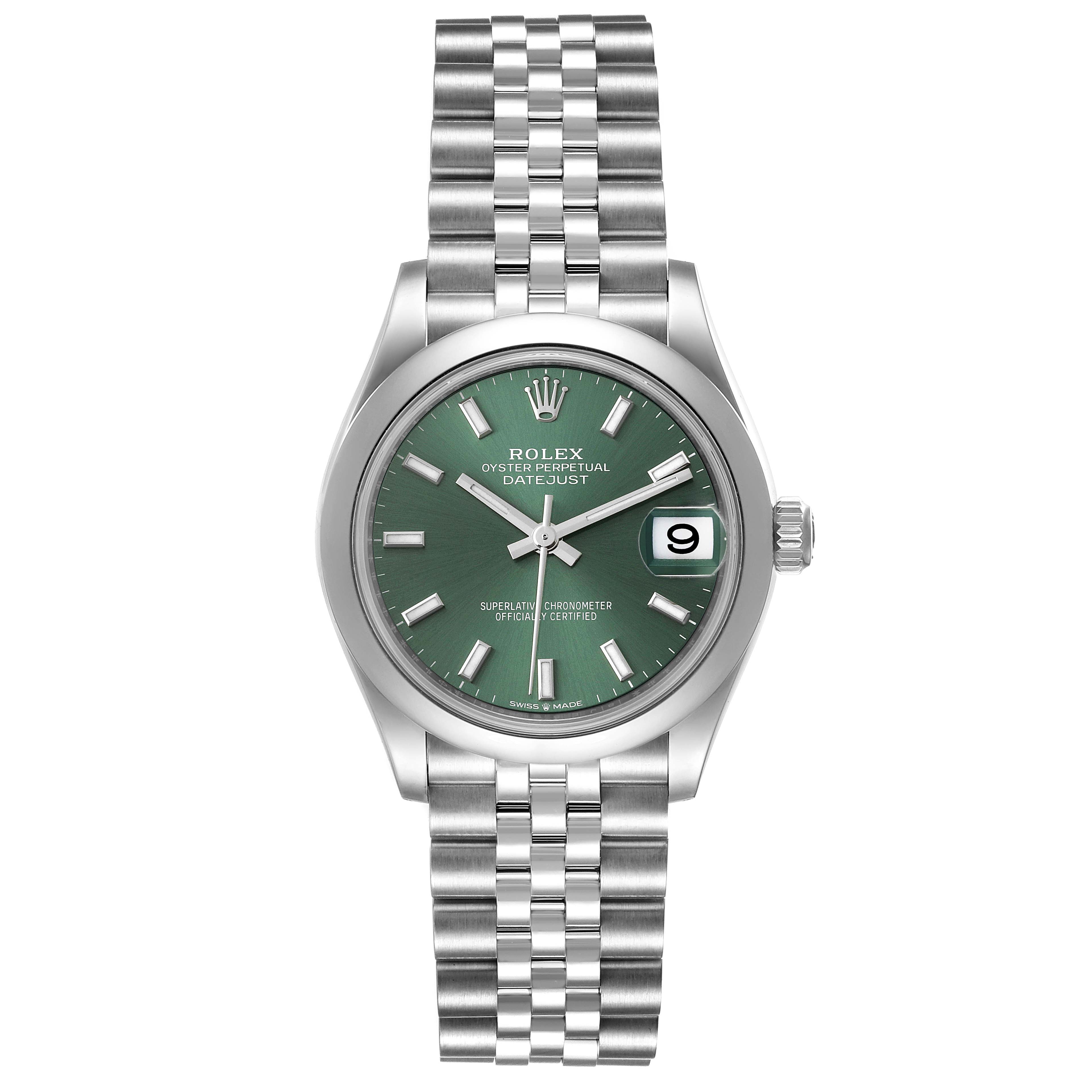 The image shows a Rolex Oyster Perpetual Datejust Mid-Size watch from the front, displaying the dial, crown, and bracelet.