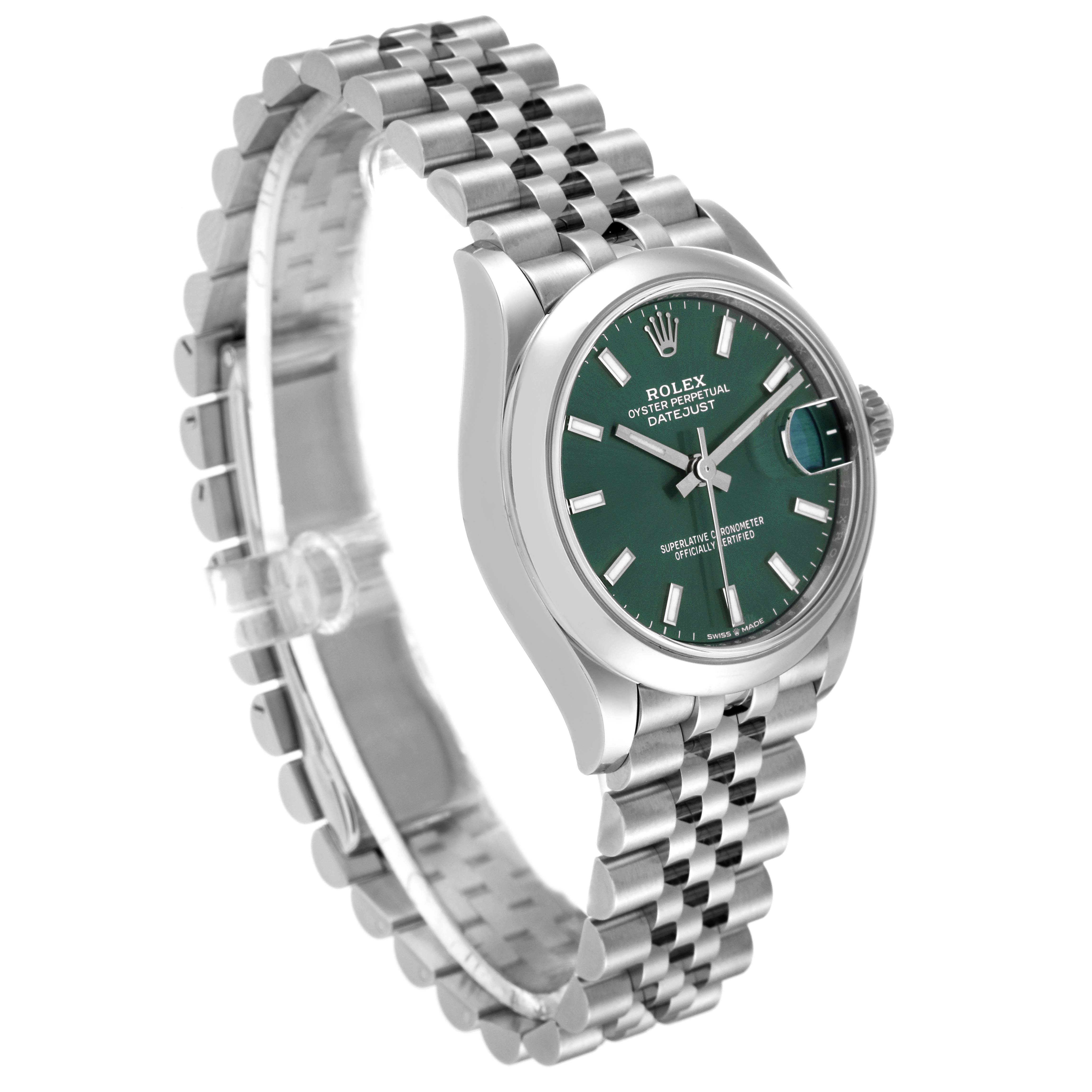 This Rolex Mid-Size 278240 Women's Stainless Steel Green Dial 278240 Women's Stainless Steel Green Dial model watch is shown at an angled perspective, highlighting its green dial and metallic bracelet.