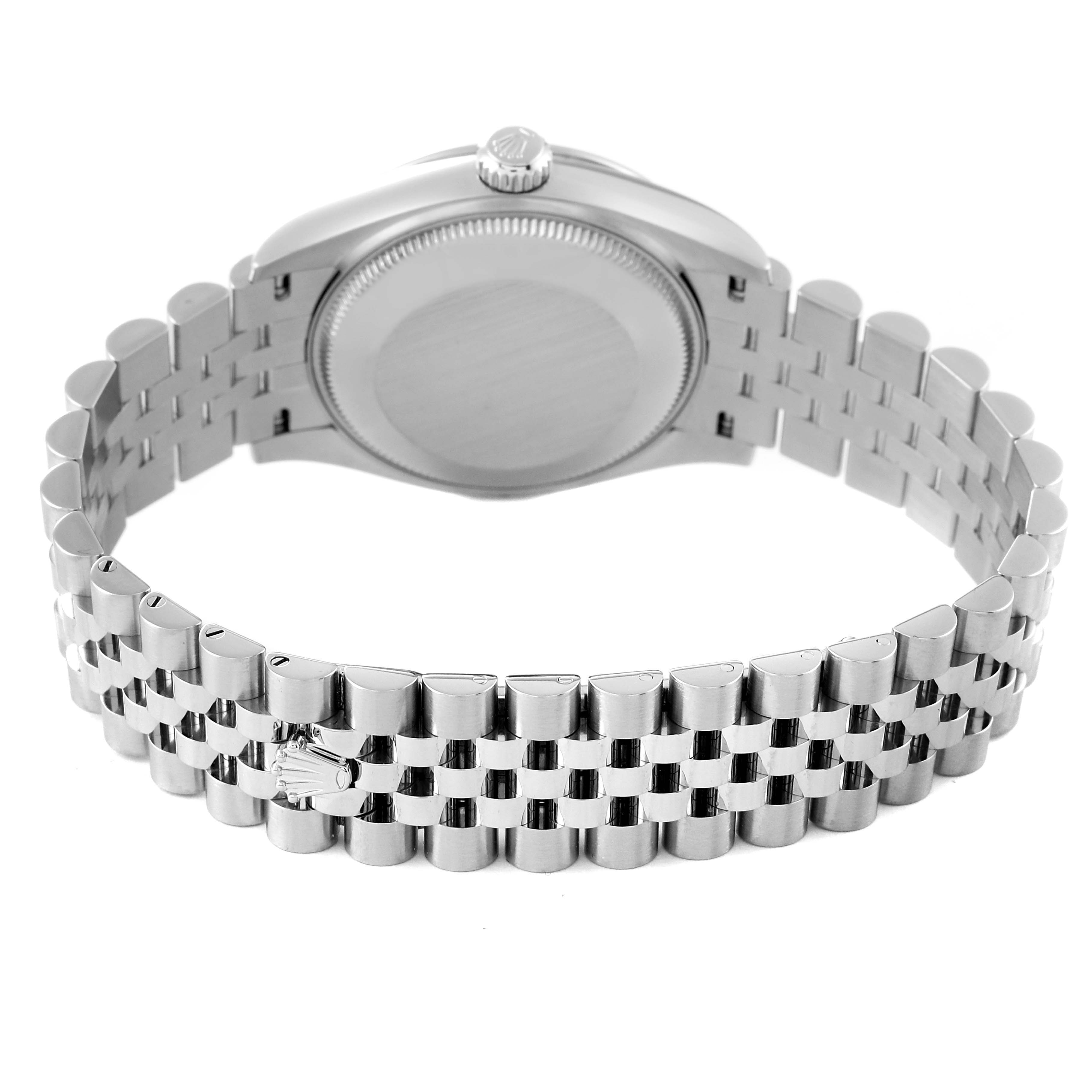 The image shows the back view of a Mid-Size Rolex watch, highlighting the case back and stainless steel bracelet.