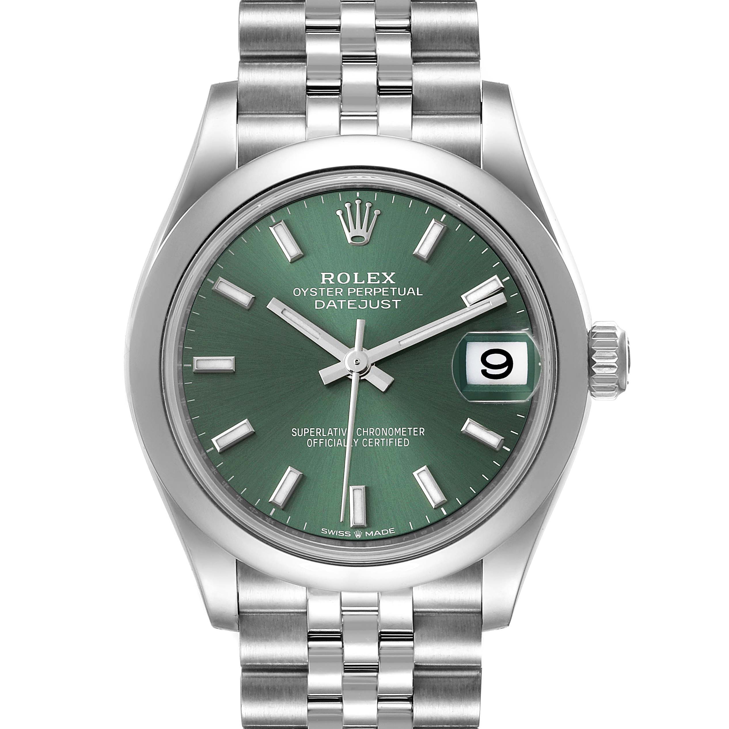 The image shows a frontal view of a Rolex Mid-Size 278240 Women's Stainless Steel Green Dial 278240 Women's Stainless Steel Green Dial Oyster Perpetual Datejust watch, highlighting the green dial and Jubilee bracelet.