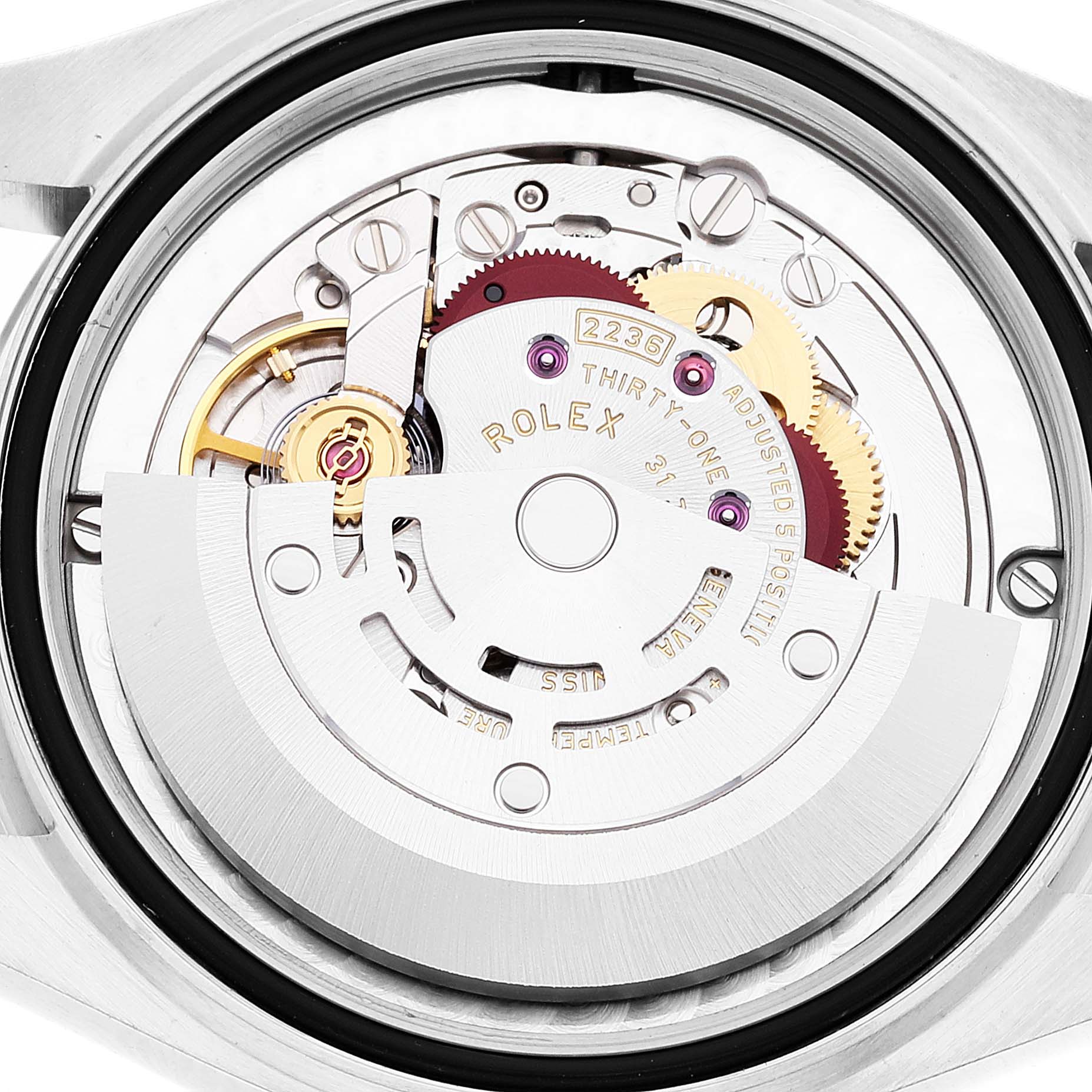 The image shows the movement of a Rolex Mid-Size 278240 Women's Stainless Steel Green Dial 278240 Women's Stainless Steel Green Dial model watch from a rear, open case view.