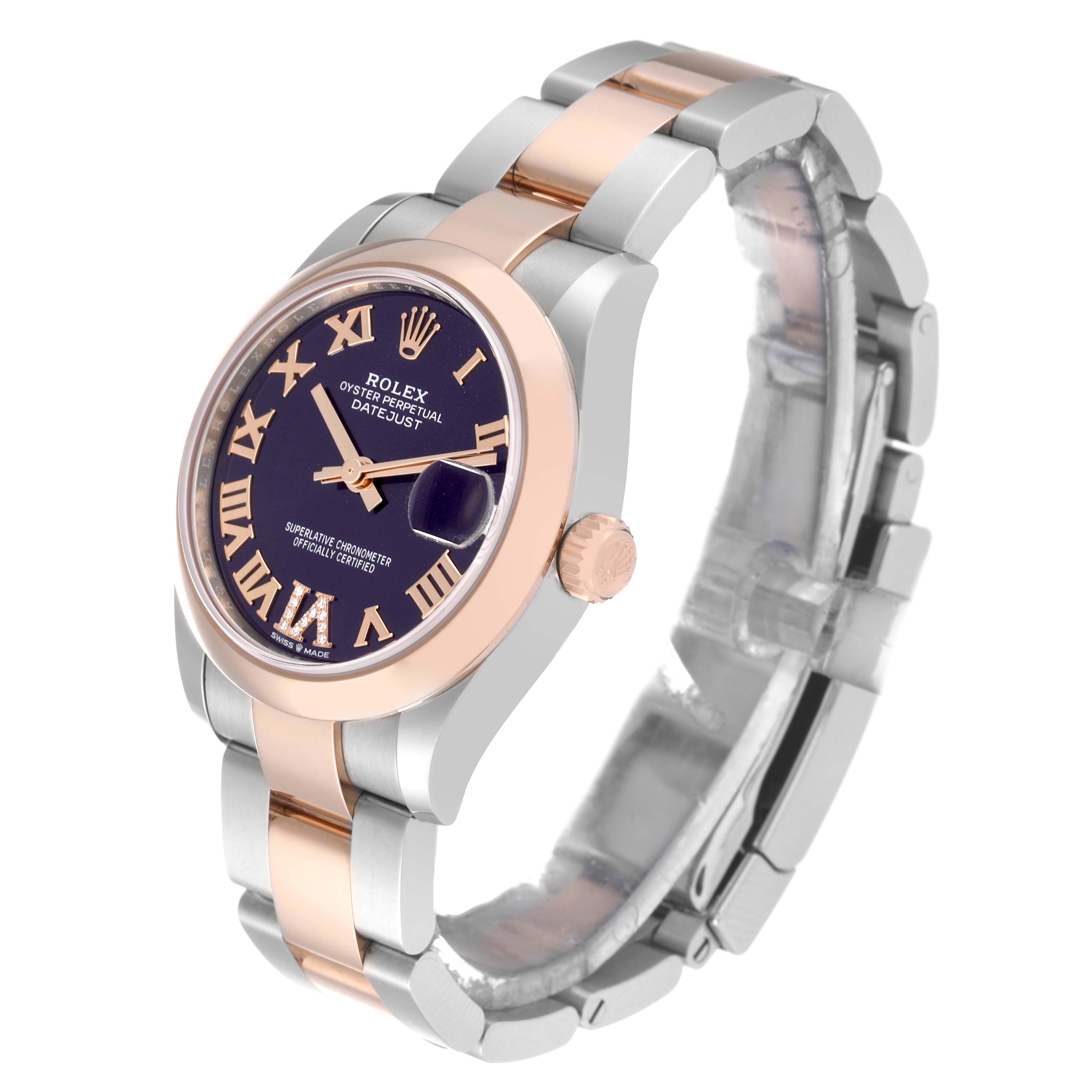 The image shows a Mid-Size Rolex Oyster Perpetual Datejust at a three-quarter angle, highlighting the bezel, dial, and bracelet.