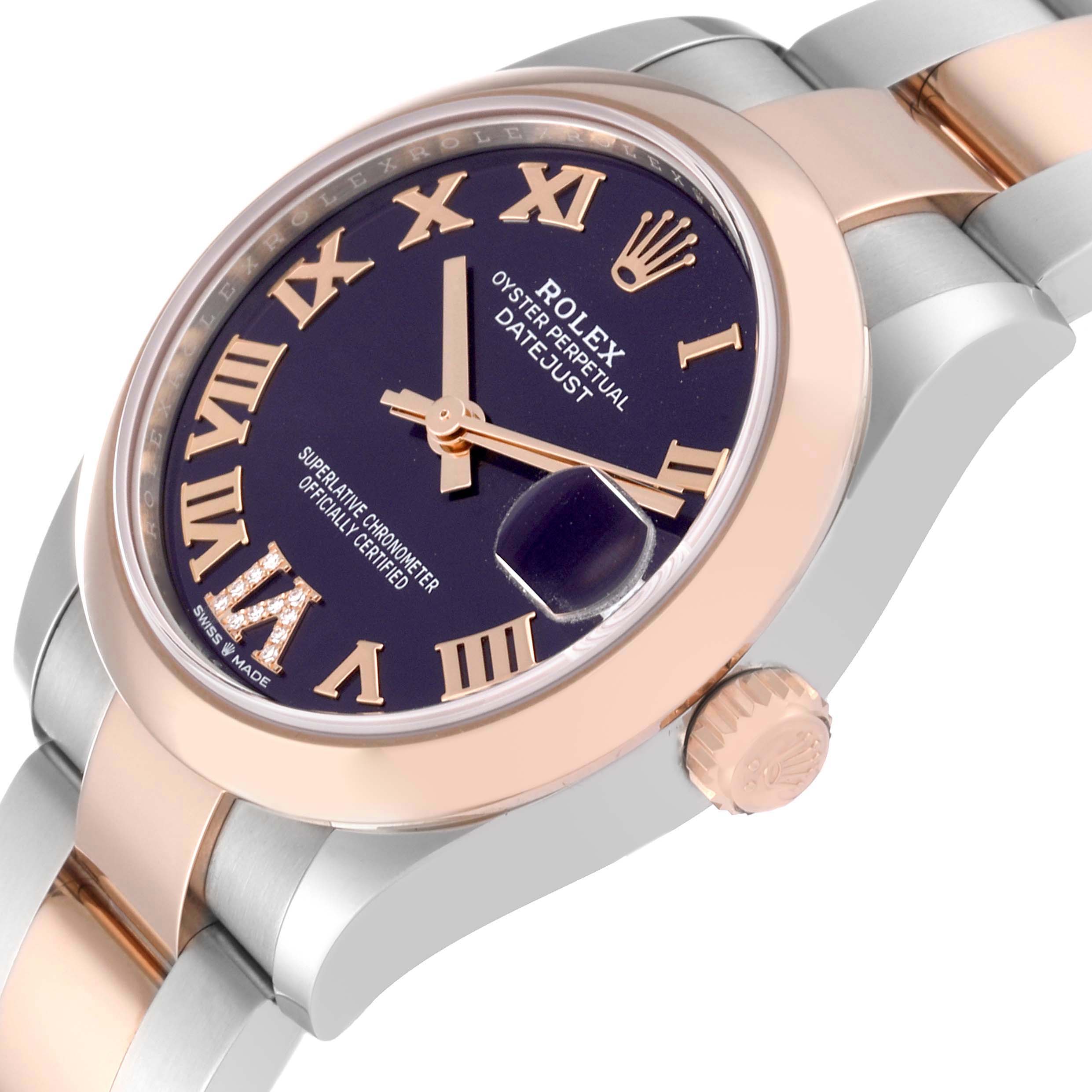 This image shows a side angle of a Rolex Oyster Perpetual Datejust Mid-Size watch, highlighting its dial, bezel, and crown.