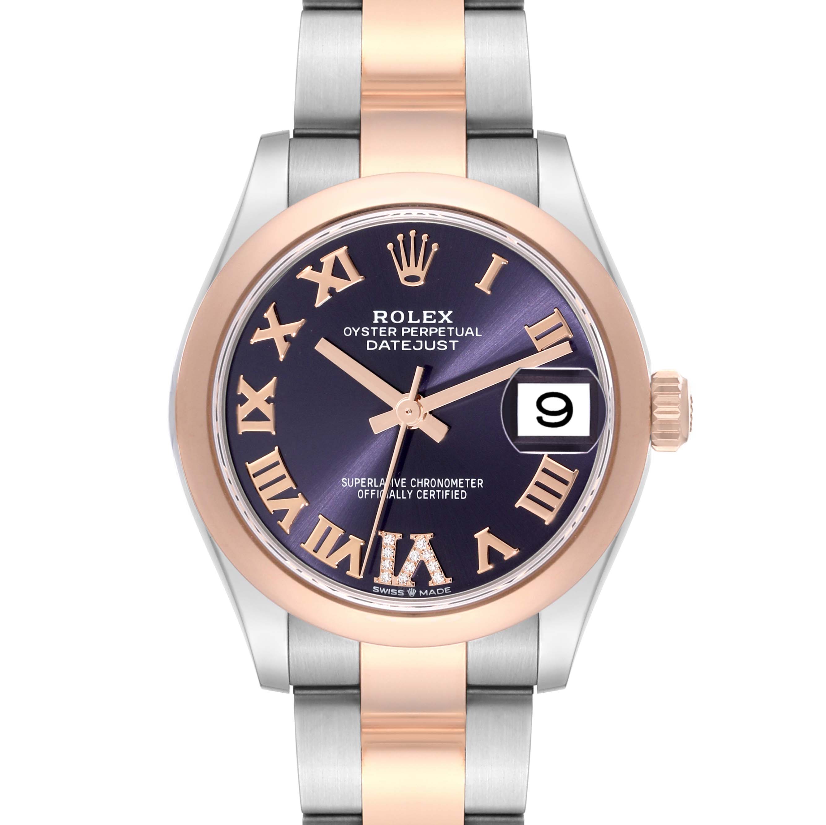 The image shows a front view of the Rolex Mid-Size 278241 Women's Steel and Gold (two tone) Purple Dial 278241 Women's Steel and Gold (two tone) Purple Dial Oyster Perpetual Datejust watch, highlighting its face, bezel, and bracelet.