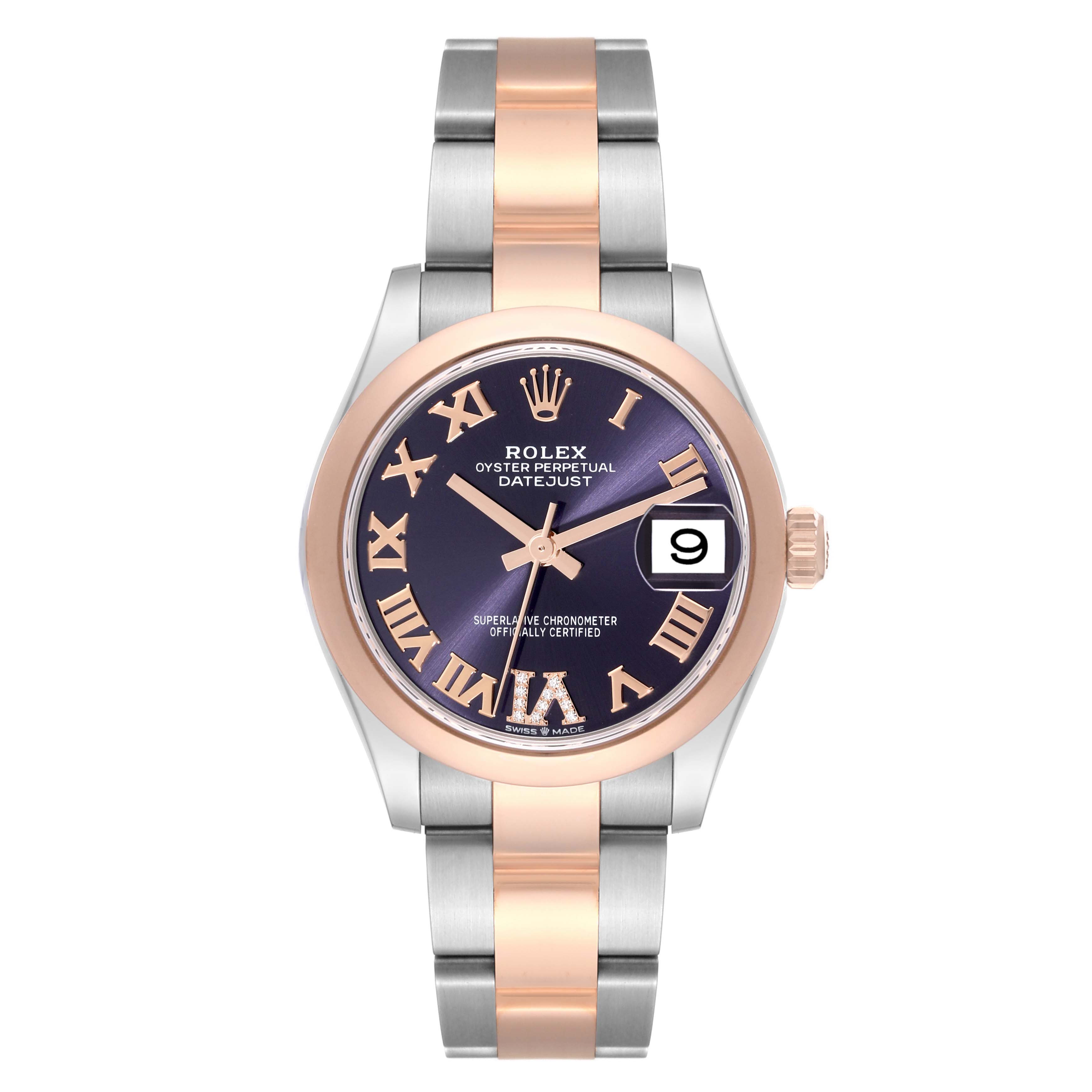 This image shows a front view of a Rolex Mid-Size 278241 Women's Steel and Gold (two tone) Purple Dial 278241 Women's Steel and Gold (two tone) Purple Dial Datejust watch, featuring a two-tone bracelet, blue dial, and date window.