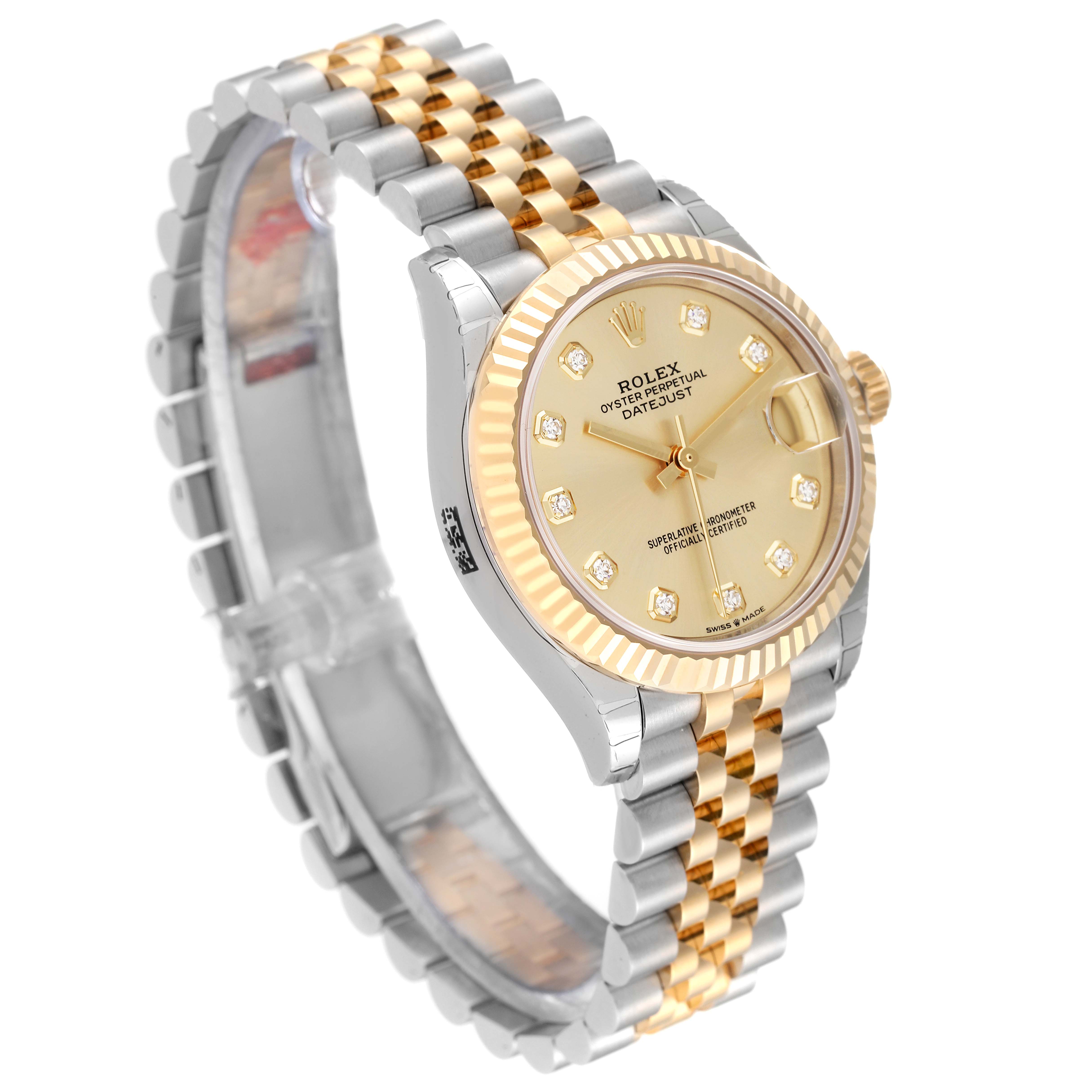 This image shows a three-quarter angle view of a Rolex Mid-Size 278273 Women's Steel and Gold (two tone) Champagne Dial 278273 Women's Steel and Gold (two tone) Champagne Dial Datejust watch, highlighting the dial, fluted bezel, and two-tone bracelet.