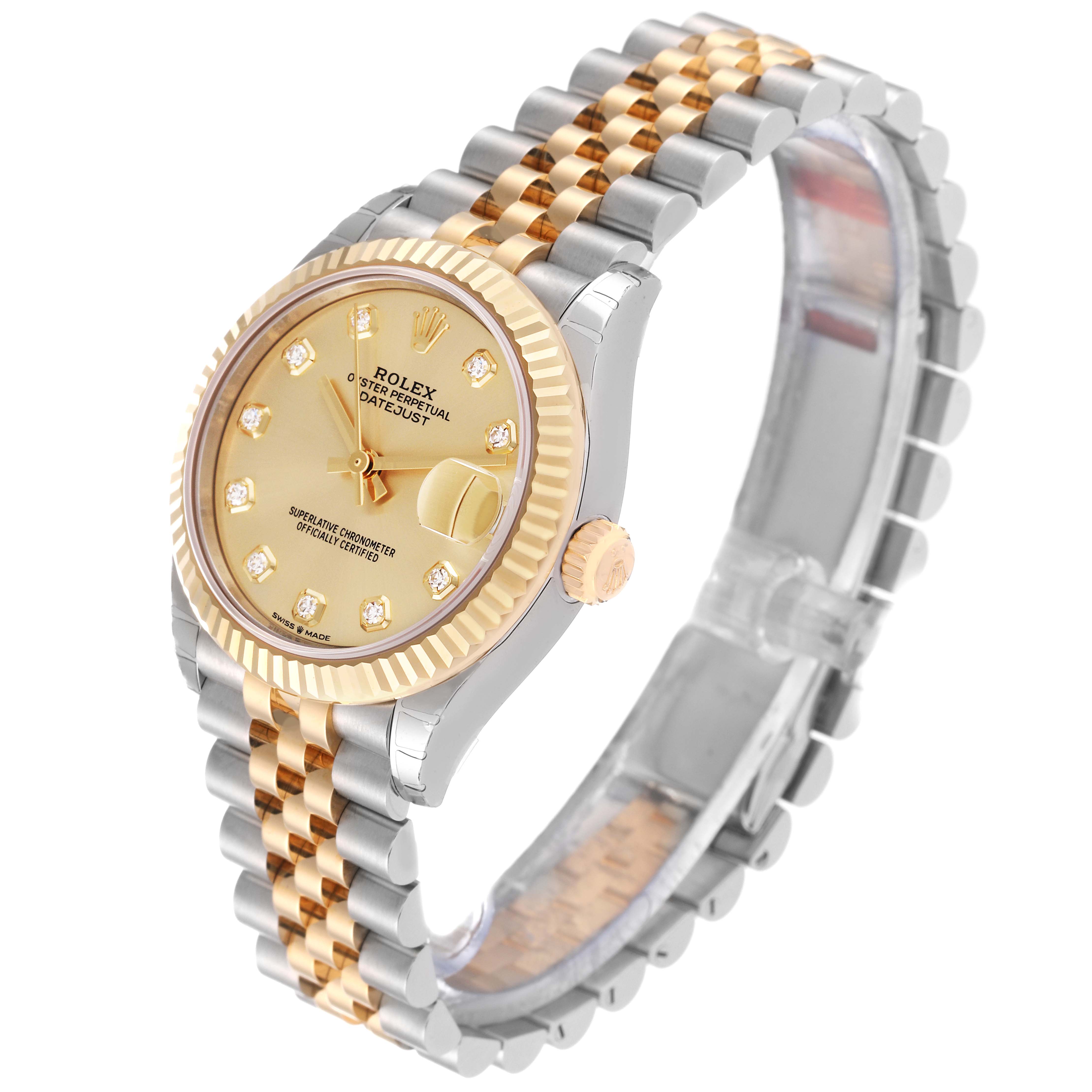 This image shows a side angle of the Rolex Mid-Size 278273 Women's Steel and Gold (two tone) Champagne Dial 278273 Women's Steel and Gold (two tone) Champagne Dial Datejust watch, highlighting its dial, bezel, and two-tone bracelet.