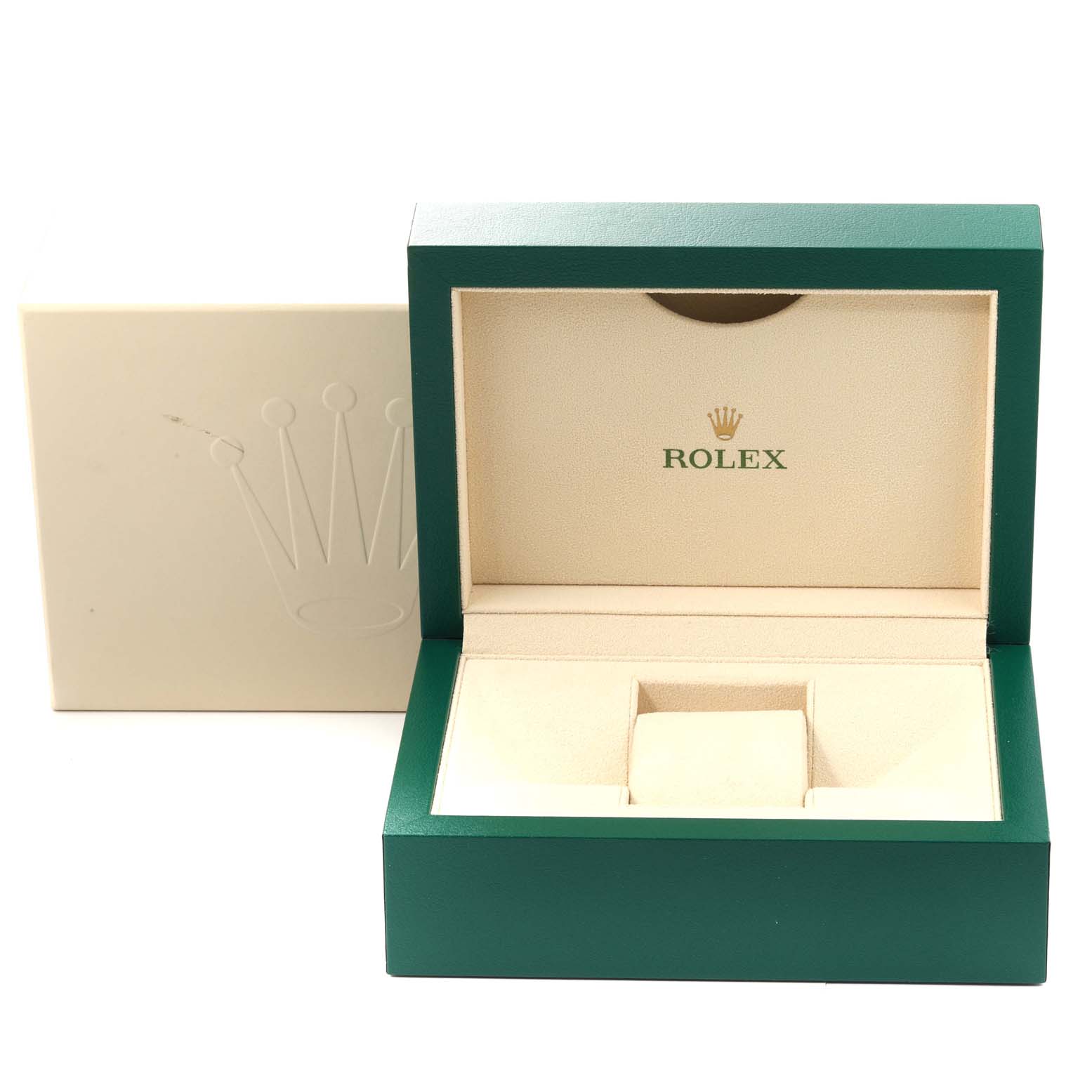 The image shows an open Rolex watch box for a Mid-Size model, showcasing the interior and branding.