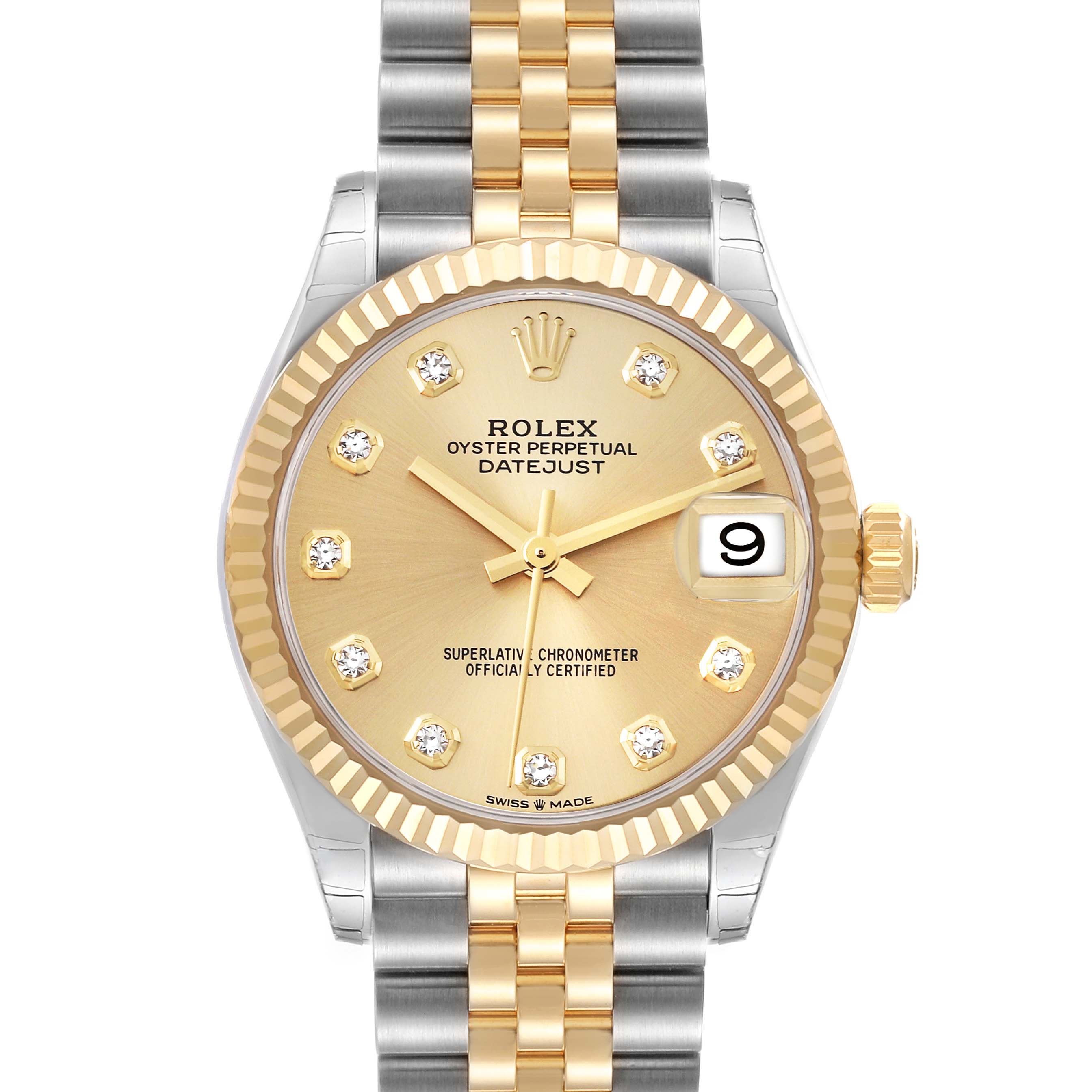 This Rolex Oyster Perpetual Datejust Mid-Size model is shown from the front, highlighting its two-tone bracelet and diamond hour markers.