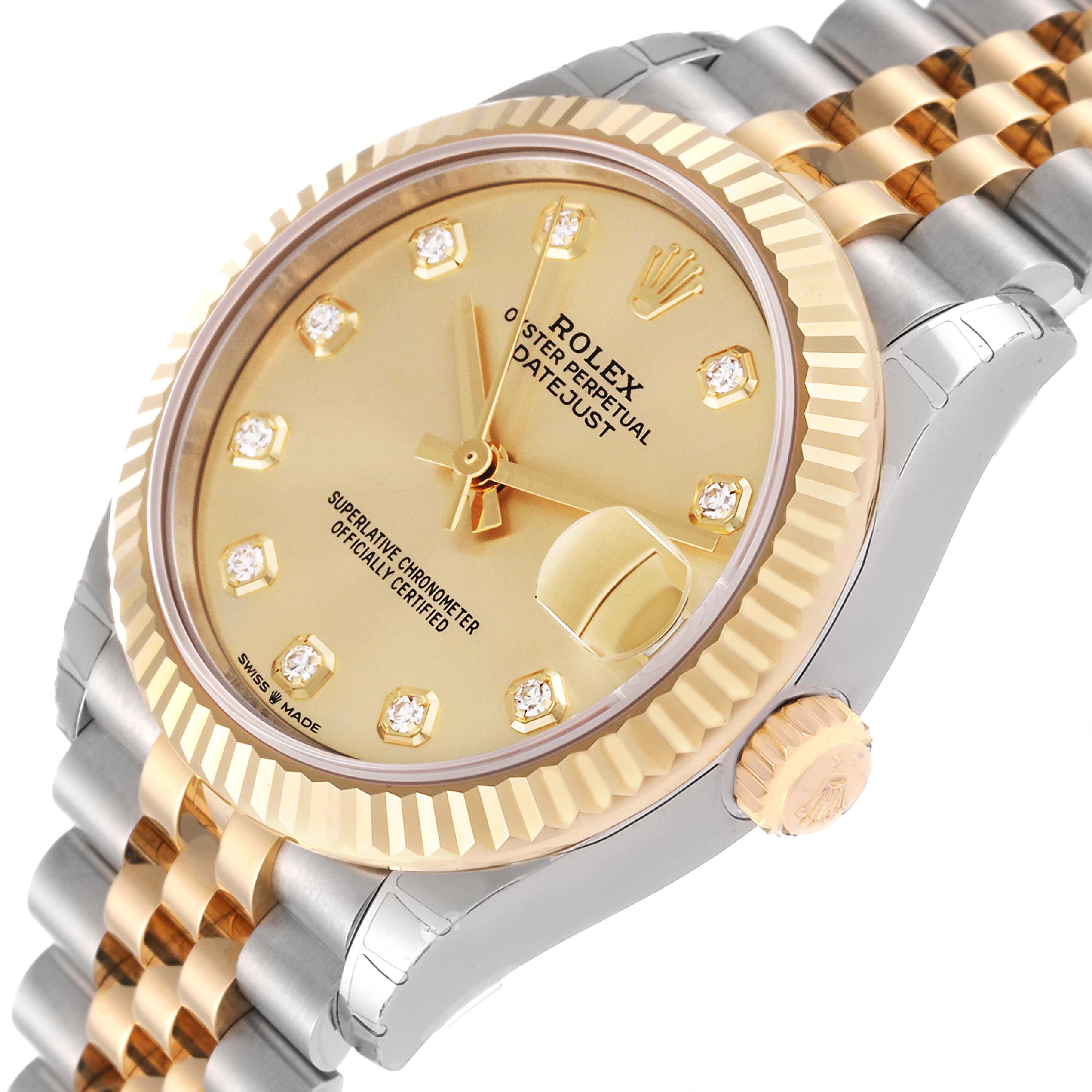 The image shows a Rolex Mid-Size 278273 Women's Steel and Gold (two tone) Champagne Dial 278273 Women's Steel and Gold (two tone) Champagne Dial Datejust watch from an oblique angle, highlighting the dial, bezel, and part of the band.