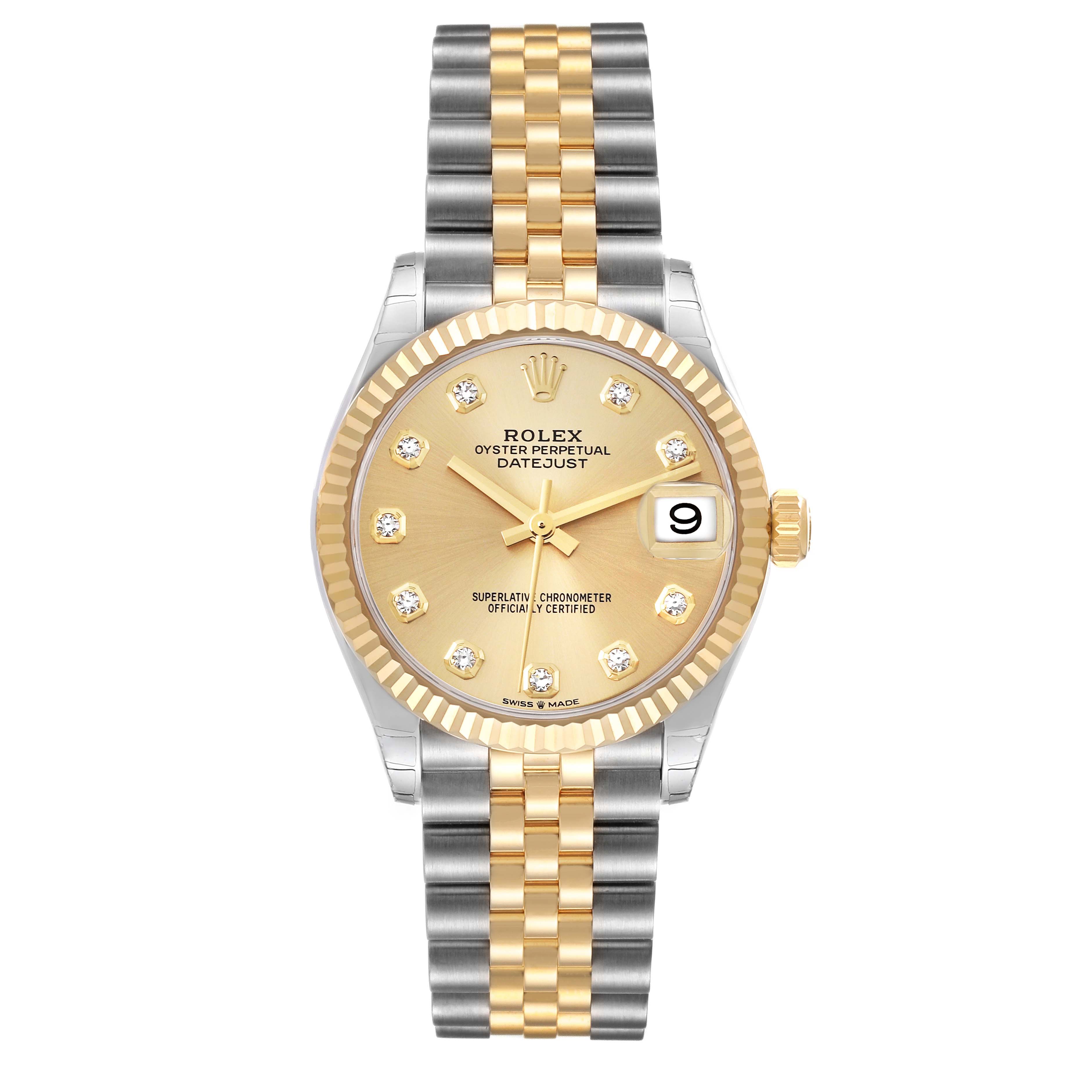 The image shows a Rolex Oyster Perpetual Datejust Mid-Size watch with a gold and silver bracelet, gold bezel, and champagne dial.