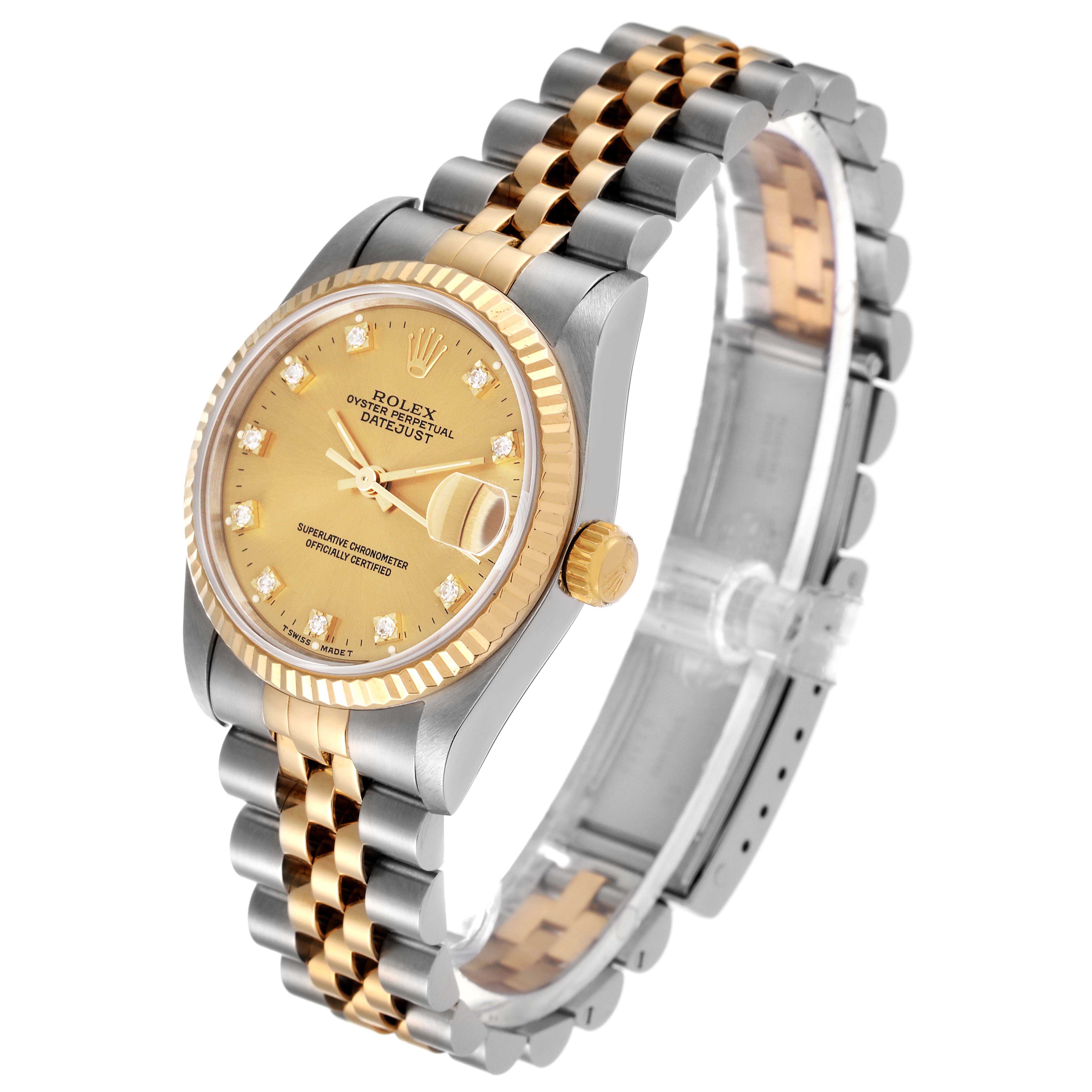 This image shows a Rolex Mid-Size 68273 Women
s Steel and Gold (two tone) Champagne Dial 68273 Women
s Steel and Gold (two tone) Champagne Dial Oyster Perpetual Datejust watch at a slight angle, highlighting its dial, case, bezel, and bracelet.