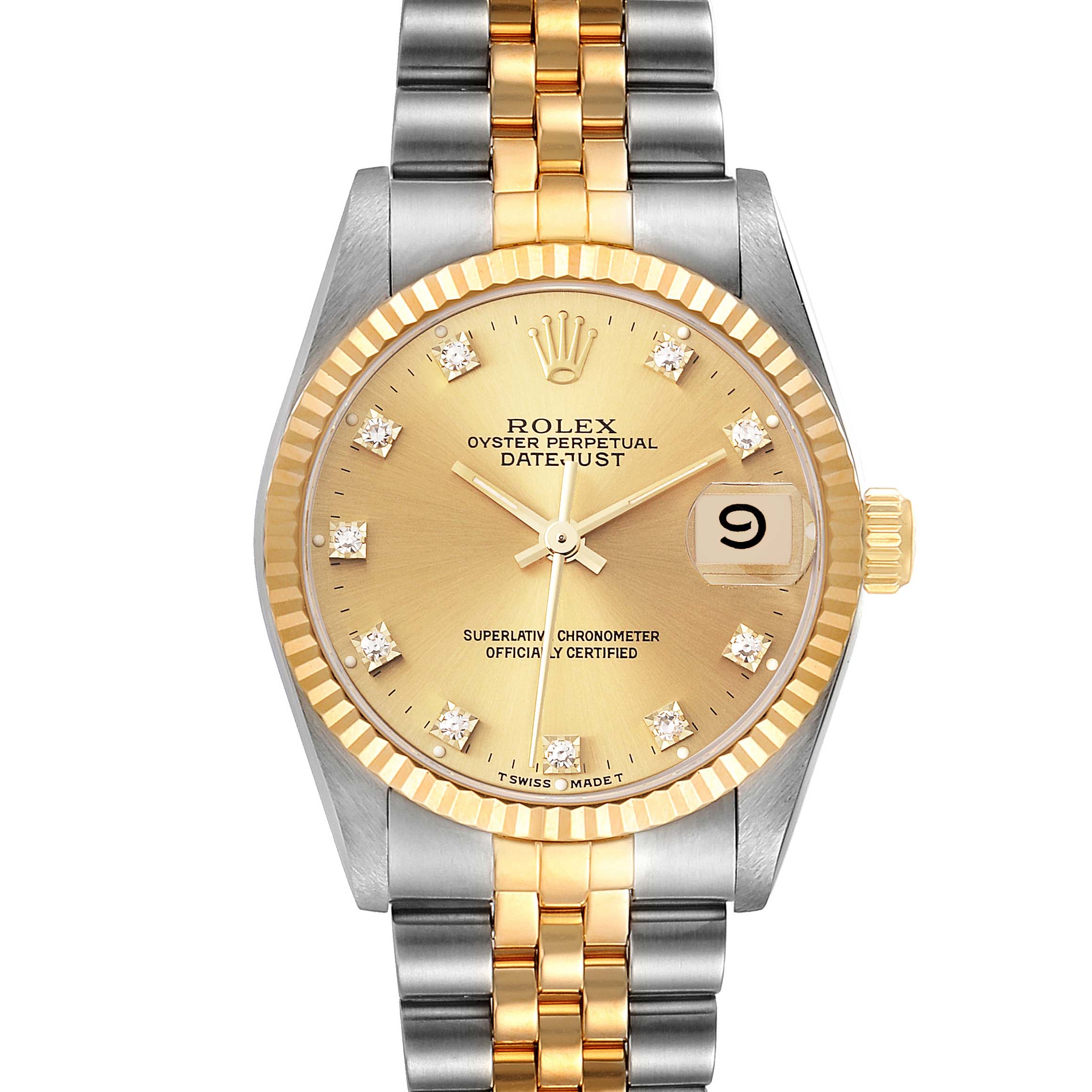 The image shows a front view of the Rolex Mid-Size 68273 Women
s Steel and Gold (two tone) Champagne Dial 68273 Women
s Steel and Gold (two tone) Champagne Dial Datejust watch, including the face, bezel, and bracelet.
