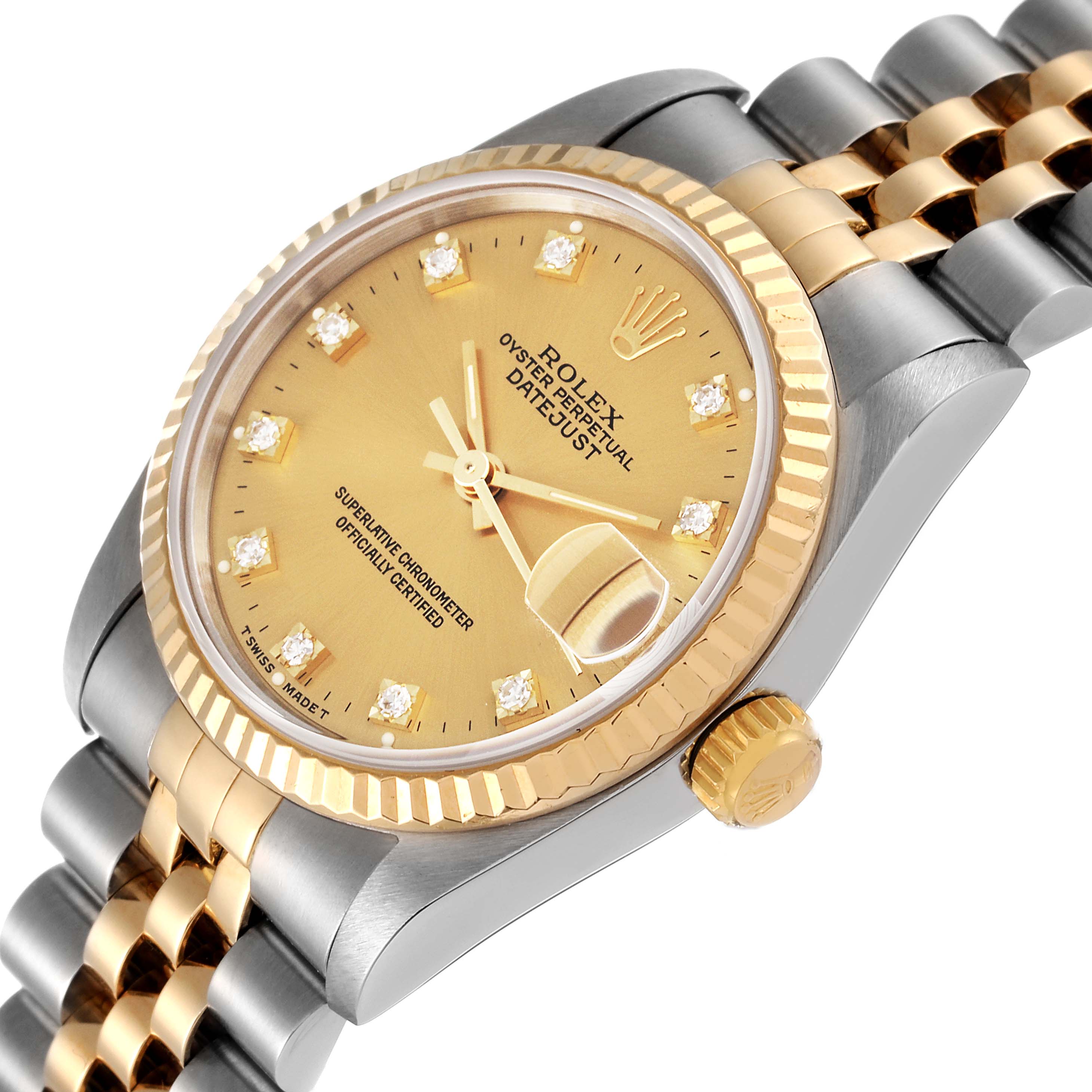 The image shows a Mid-Size Rolex Oyster Perpetual Datejust watch angled to display the dial, bezel, crown, and part of the bracelet.