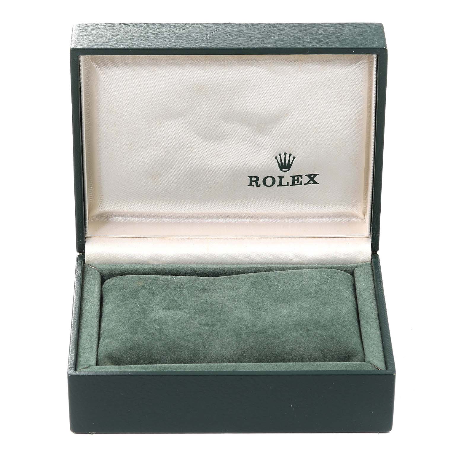 This image shows an open green Rolex watch box, intended for a Mid-Size model.