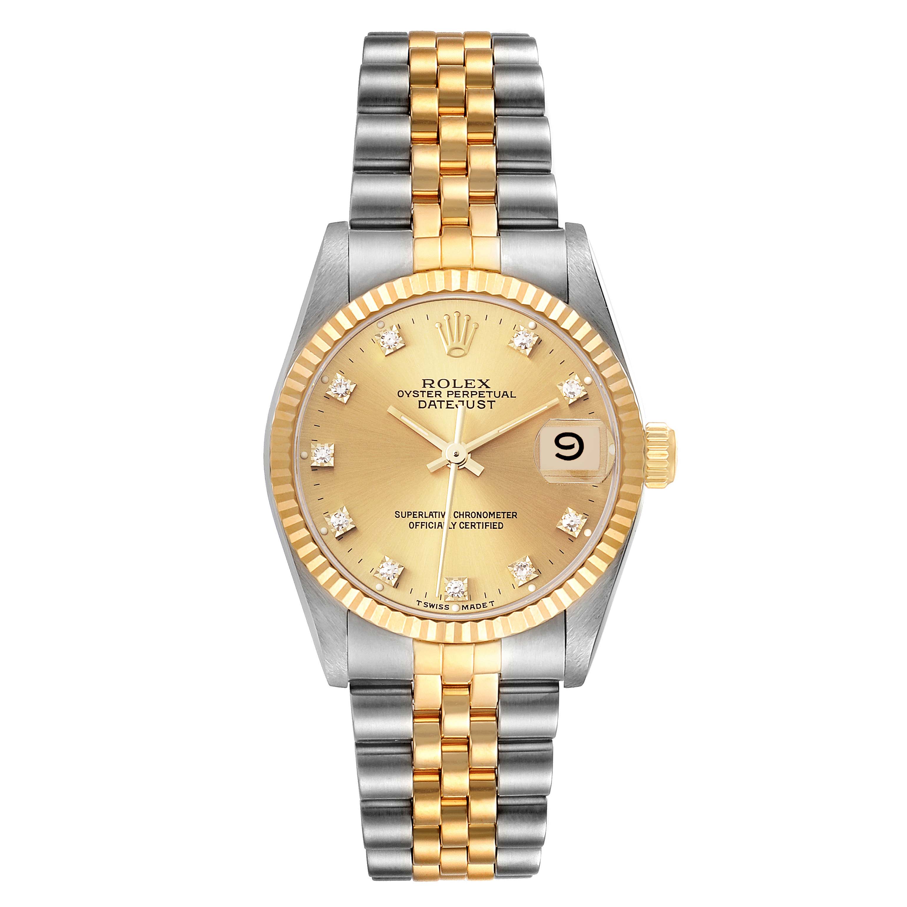 The image shows a front view of a Rolex Mid-Size 68273 Women
s Steel and Gold (two tone) Champagne Dial 68273 Women
s Steel and Gold (two tone) Champagne Dial Oyster Perpetual Datejust watch, displaying its gold dial, diamond markers, and two-tone Jubilee bracelet.