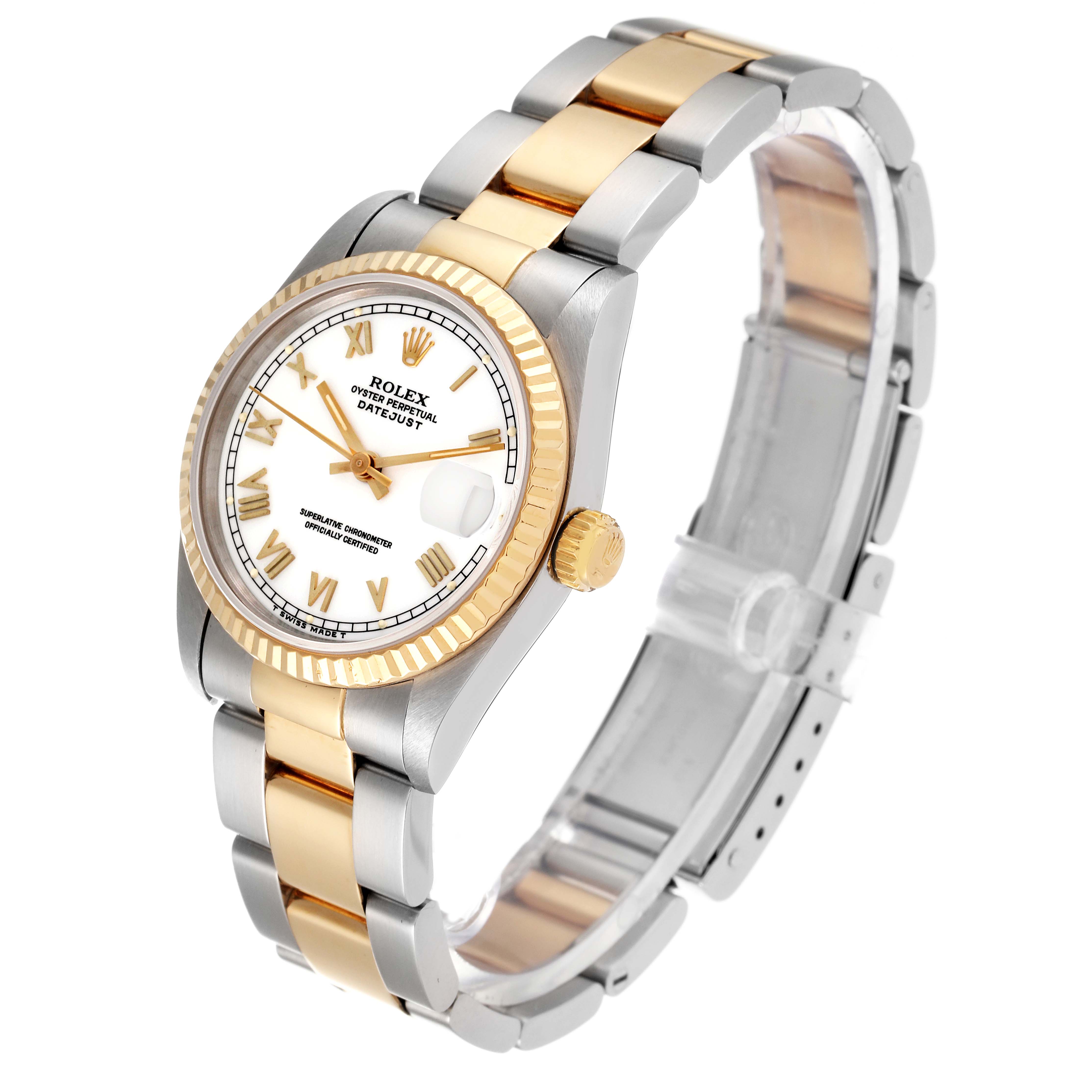 The image shows a Rolex Mid-Size 68273 Women
s Steel and Gold (two tone) White Dial 68273 Women
s Steel and Gold (two tone) White Dial Oyster Perpetual Datejust watch at a three-quarter angle, highlighting the dial, bezel, and bracelet.
