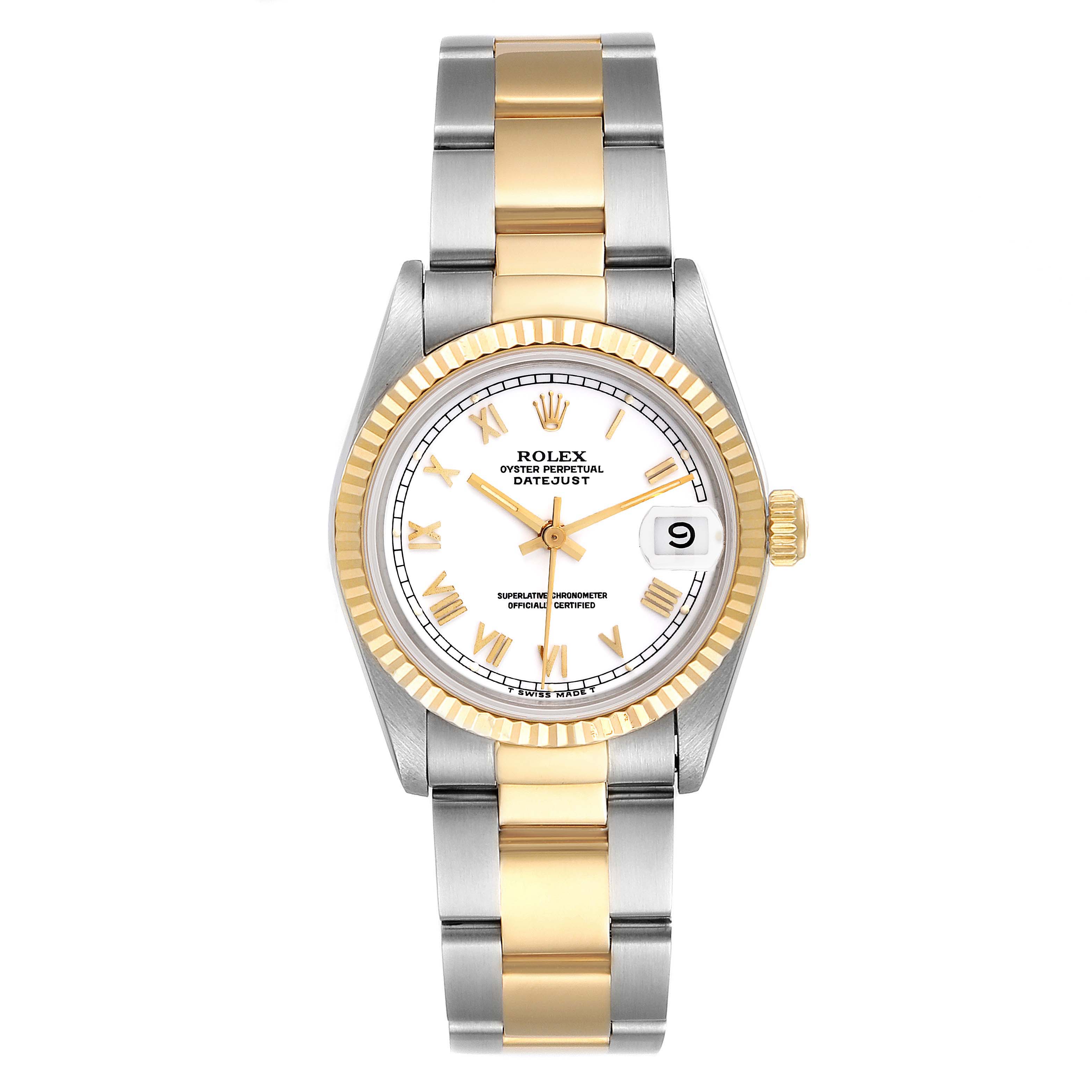 The Rolex Mid-Size 68273 Women
s Steel and Gold (two tone) White Dial 68273 Women
s Steel and Gold (two tone) White Dial Datejust watch is shown from a front angle, highlighting the dial, bezel, and two-tone bracelet.