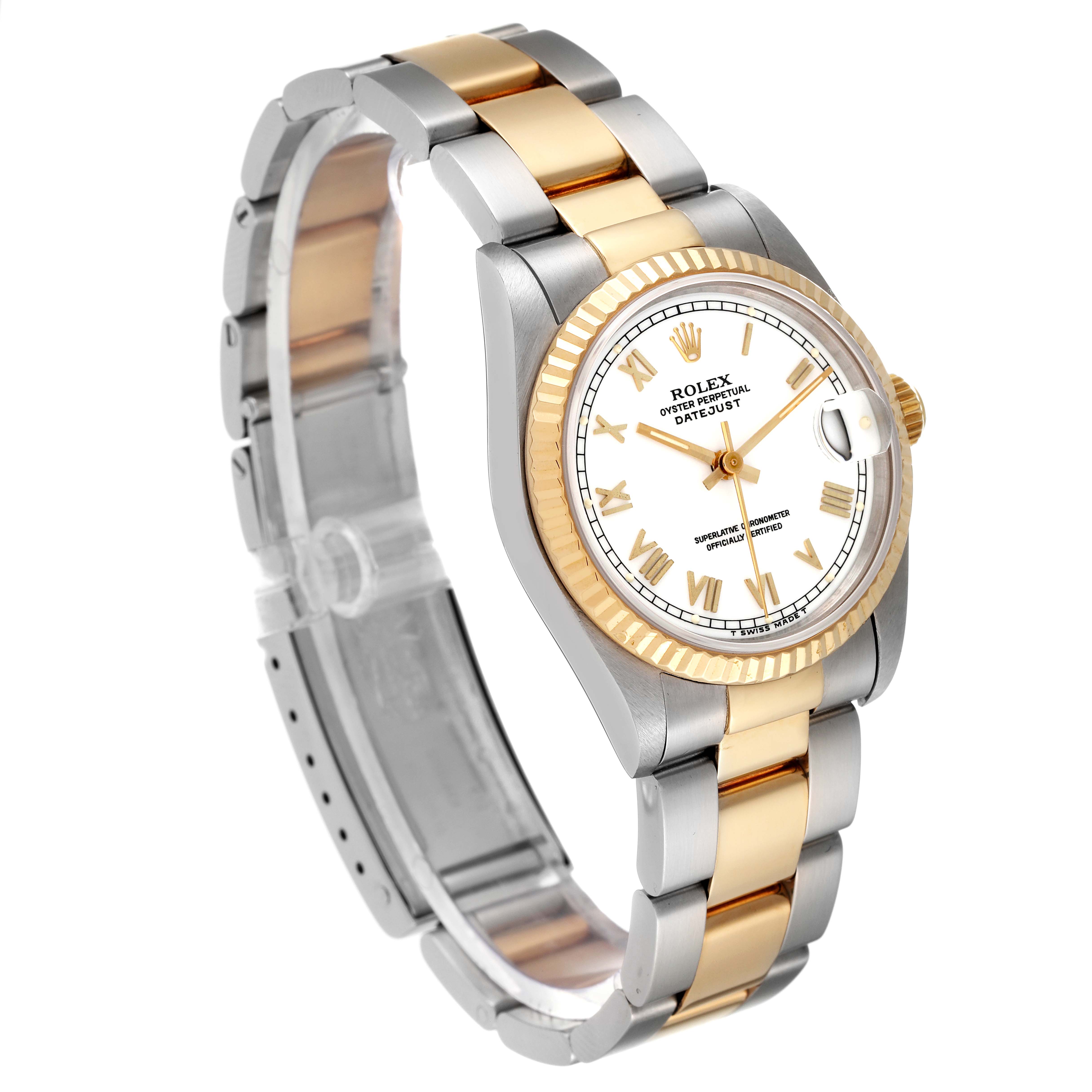 The Rolex Mid-Size 68273 Women
s Steel and Gold (two tone) White Dial 68273 Women
s Steel and Gold (two tone) White Dial model watch is shown at an angle displaying the band, case, and dial.