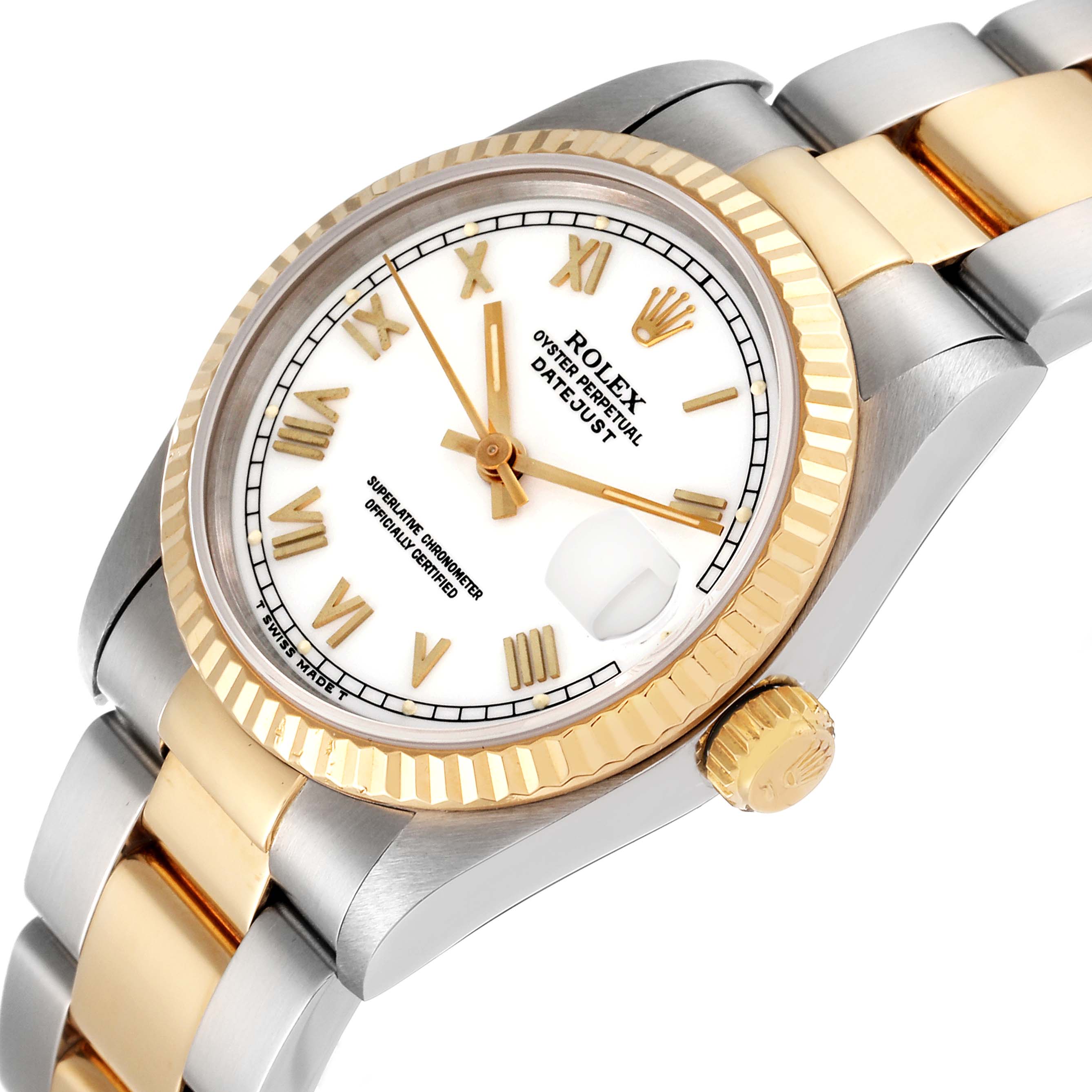 This image showcases the dial, bezel, and bracelet of a mid-size Rolex Datejust from an angled side view.