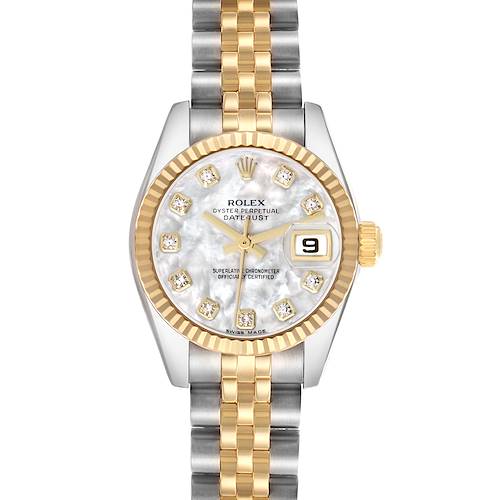 The Rolex Datejust 179173 Women's Steel and Gold (two tone) Mother of Pearl Dial watch is shown from a top view, highlighting its face, fluted bezel, and two-tone bracelet.