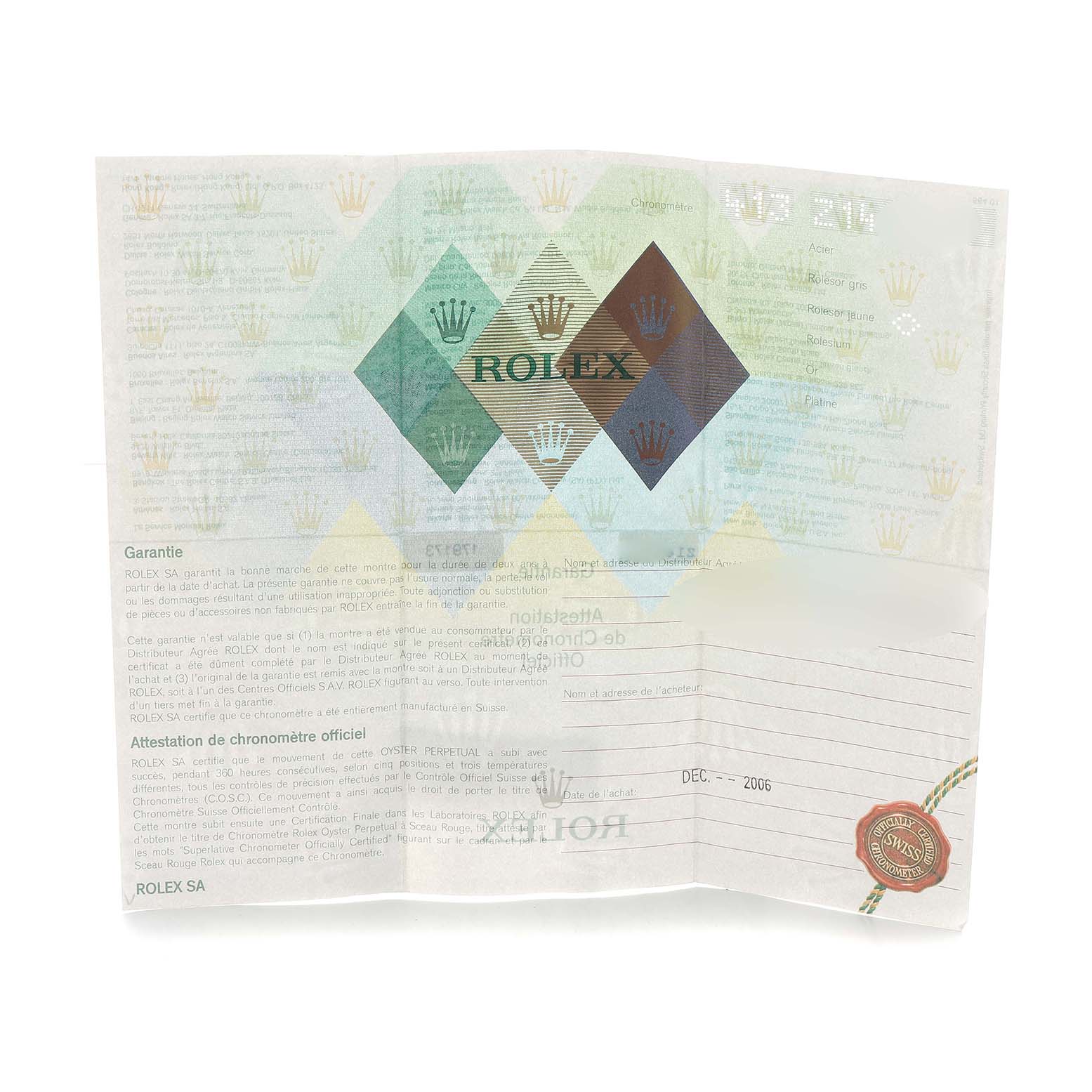 The image shows a warranty certificate for a Rolex Datejust 179173 Women's Steel and Gold (two tone) Mother of Pearl Dial watch, featuring the Rolex logo and text details.