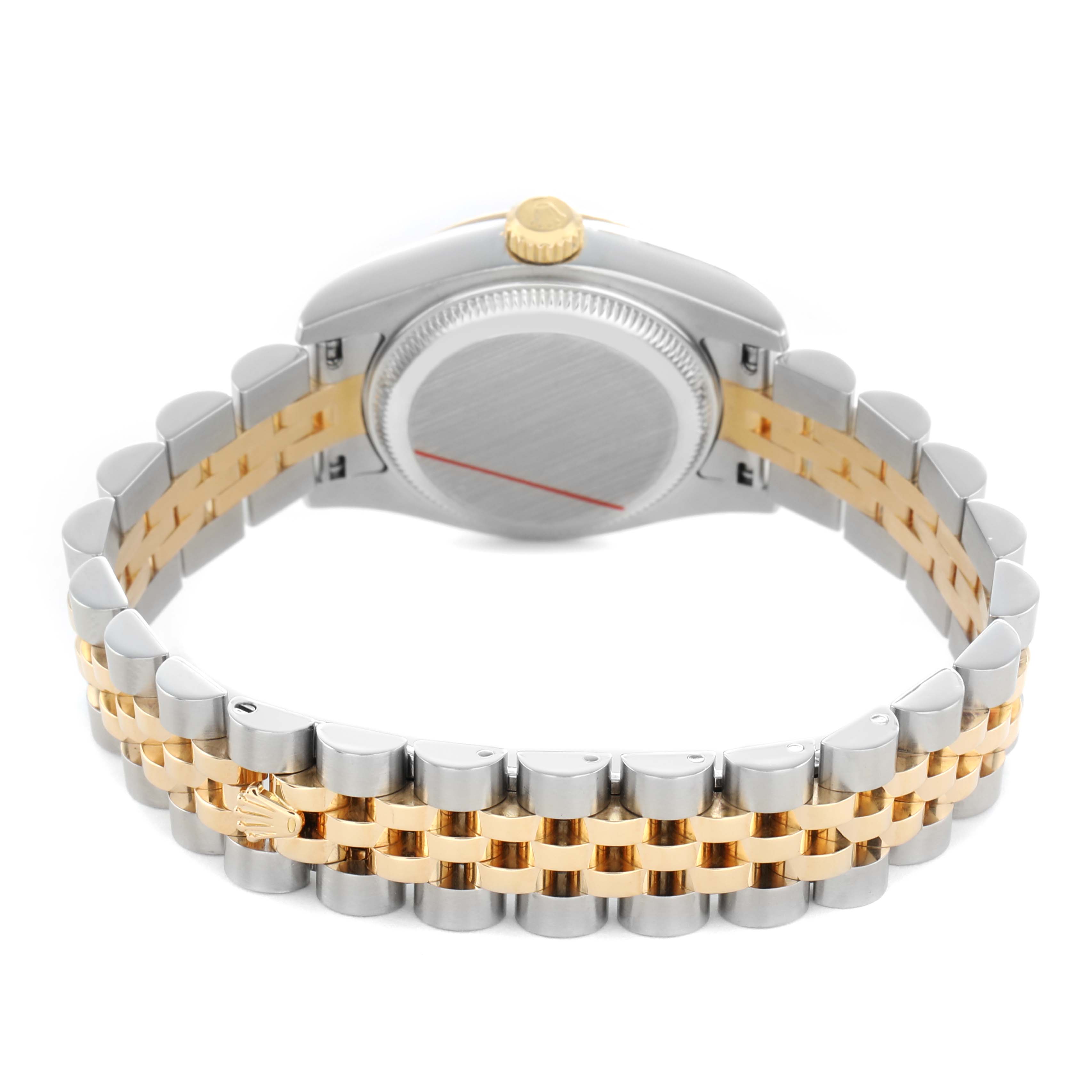 The image shows the back of a Rolex Datejust 179173 Women's Steel and Gold (two tone) Mother of Pearl Dial, highlighting the case back, crown, and two-tone bracelet.