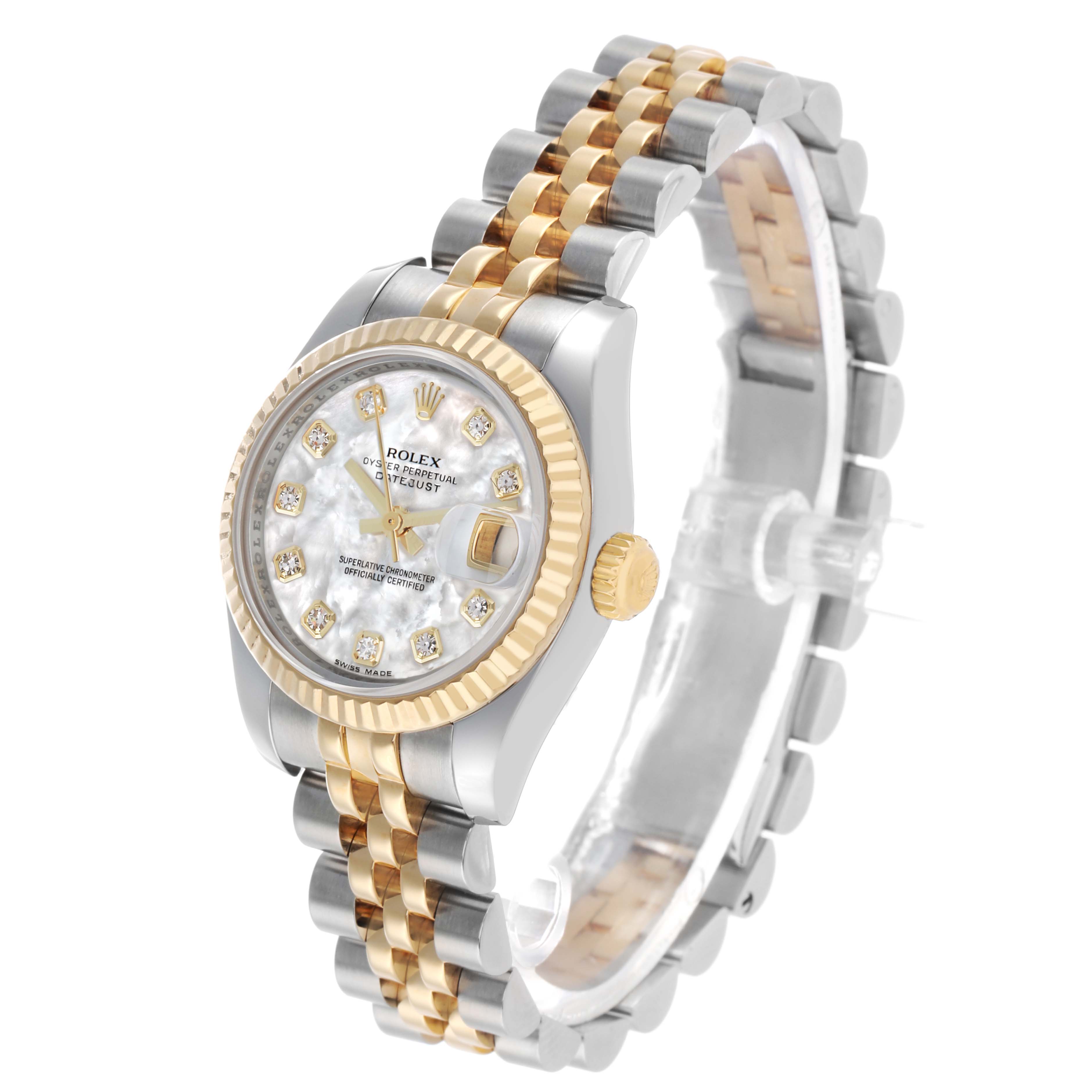 The Rolex Datejust 179173 Women's Steel and Gold (two tone) Mother of Pearl Dial watch is shown at a three-quarter angle, displaying the face, crown, bezel, and two-tone bracelet.
