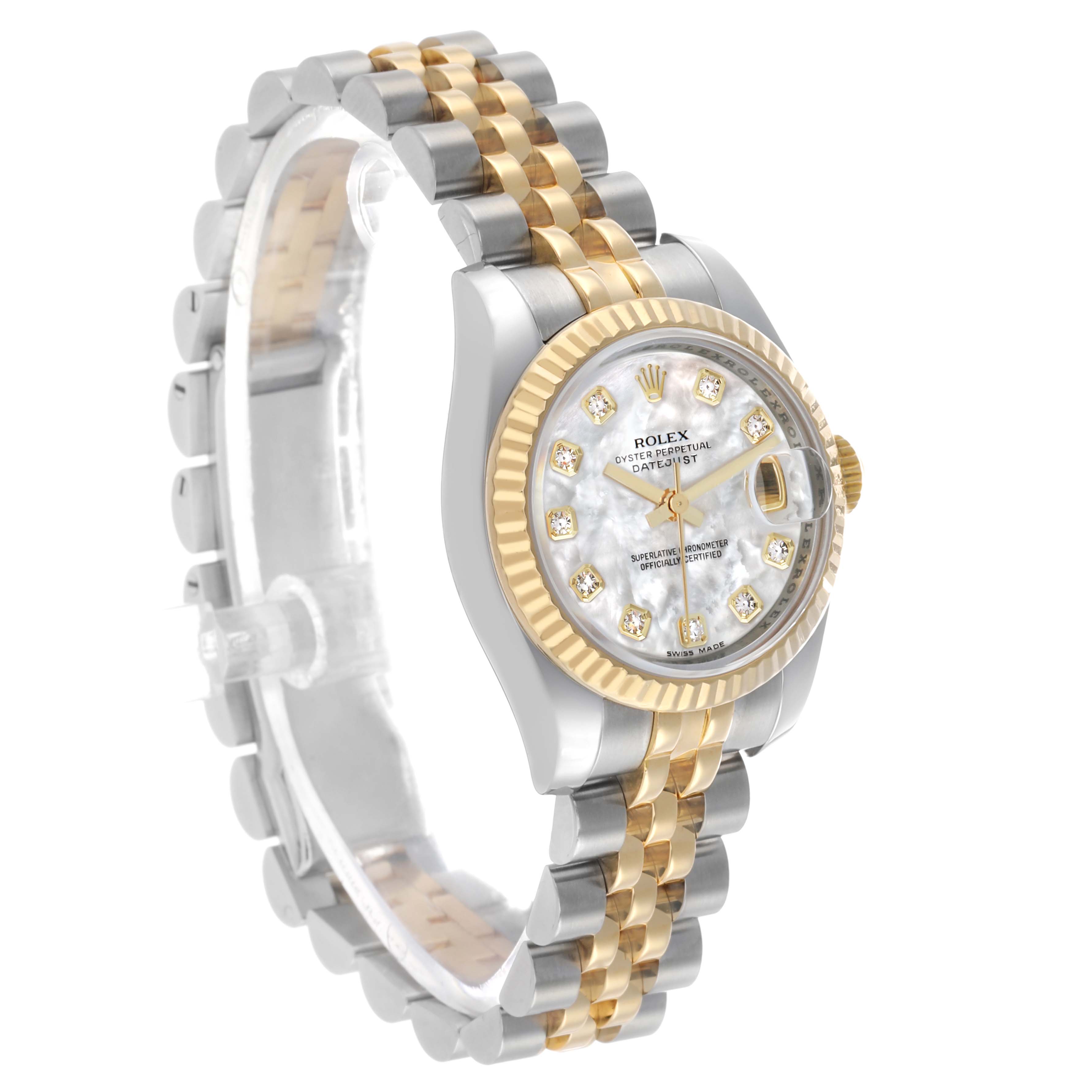 The Rolex Datejust 179173 Women's Steel and Gold (two tone) Mother of Pearl Dial watch is angled showing its side, partial face, and two-tone bracelet.
