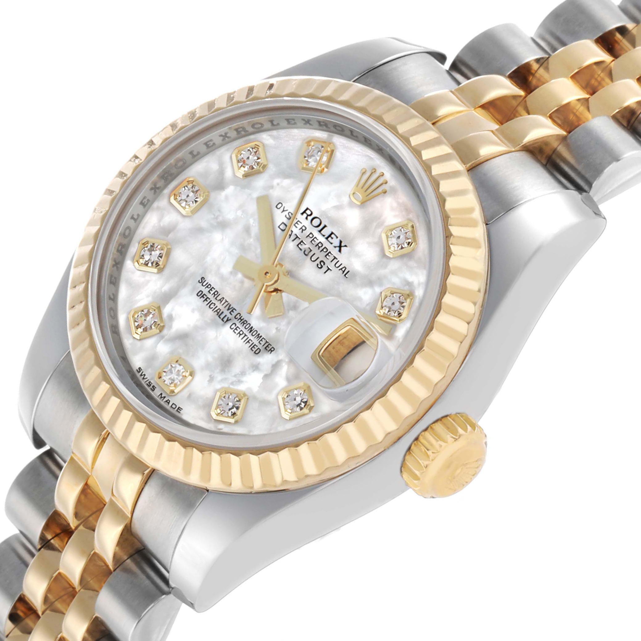 The Rolex Datejust 179173 Women's Steel and Gold (two tone) Mother of Pearl Dial watch is shown at an angle highlighting its bezel, bracelet, dial, crown, and diamond markers.