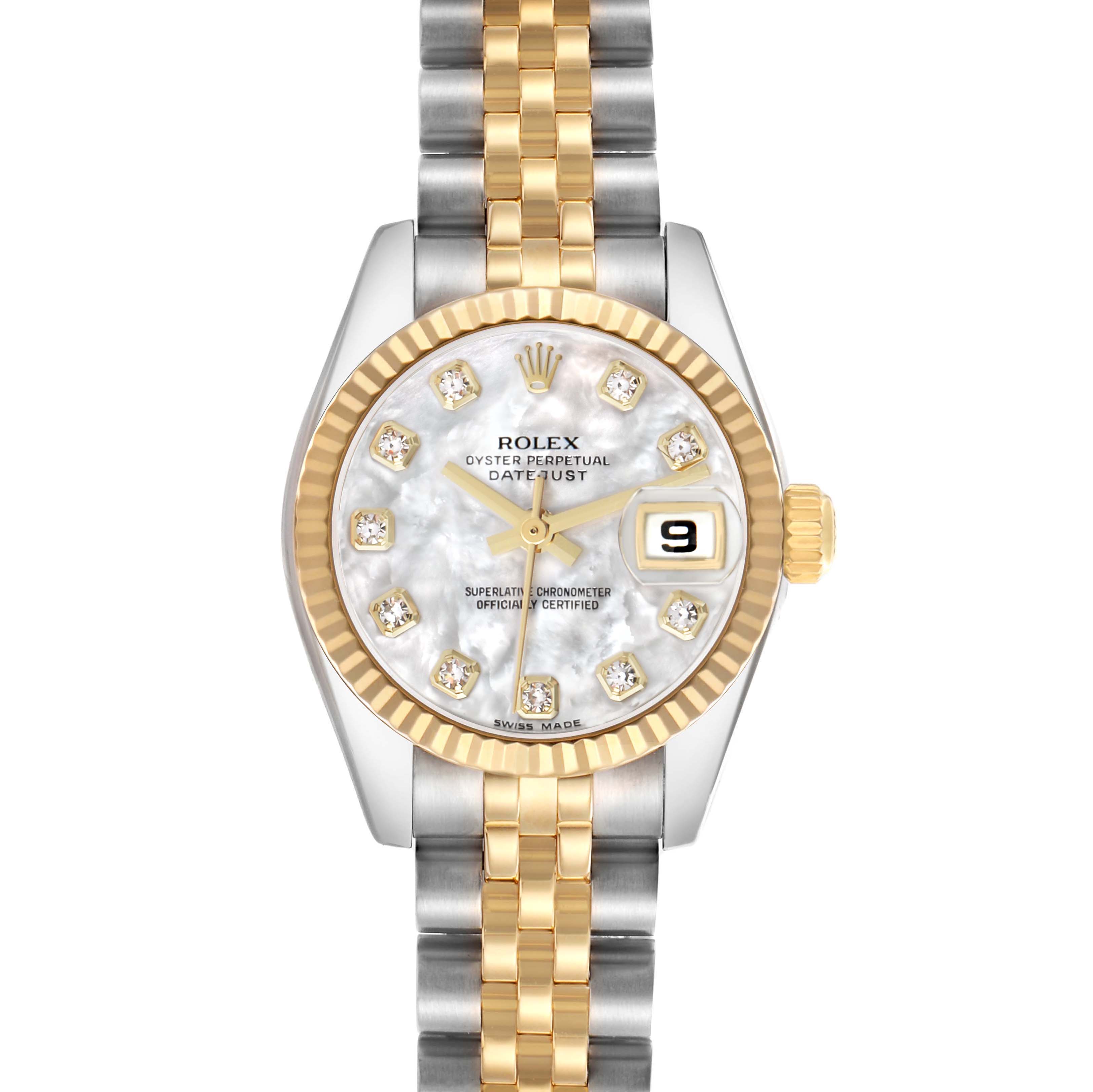The Rolex Datejust 179173 Women's Steel and Gold (two tone) Mother of Pearl Dial watch is shown from a top-down view, featuring its dial, fluted bezel, and two-tone bracelet.
