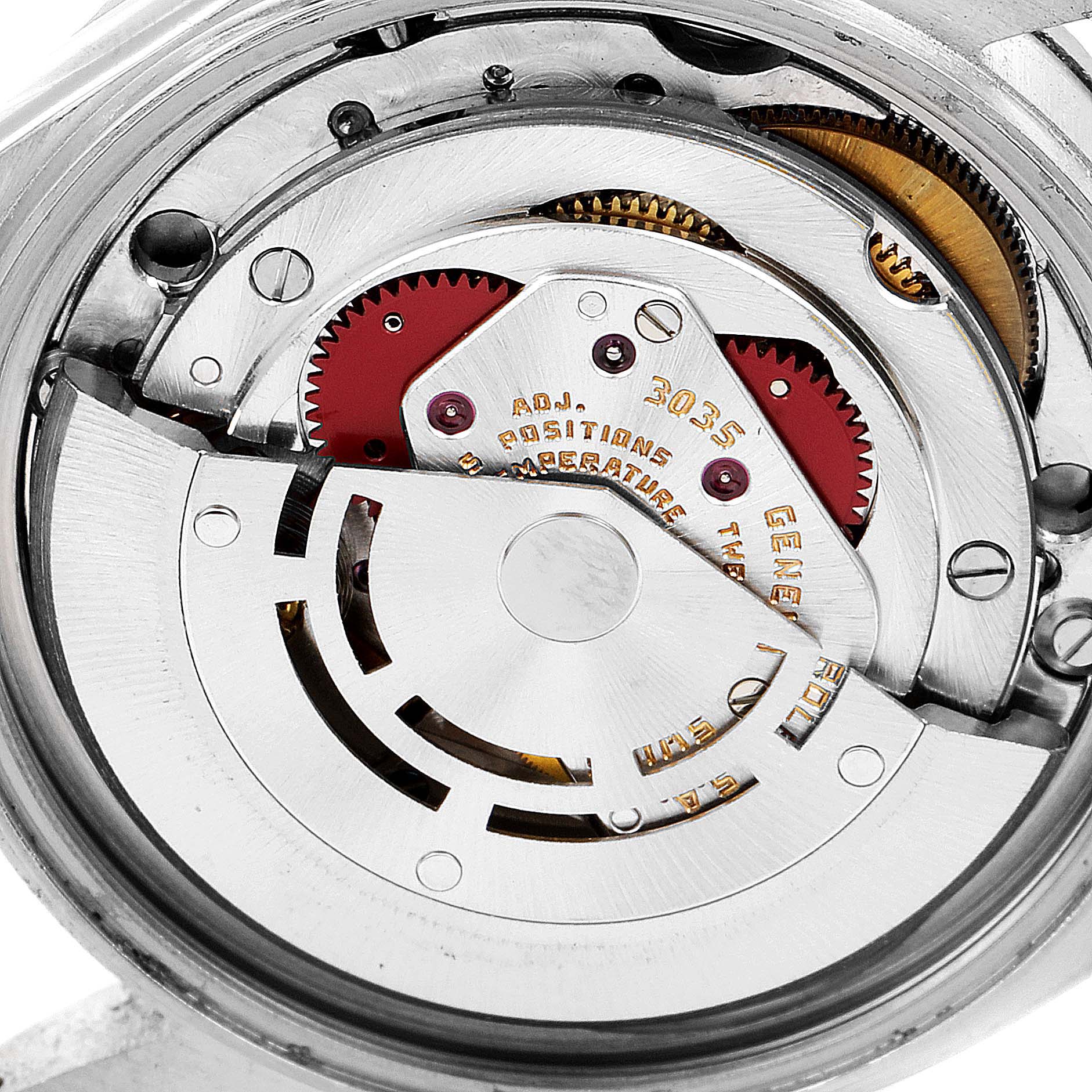 The image shows the intricate internal mechanism of a Rolex Vintage Collection 16030 Men's Stainless Steel Silver Dial 16030 Men's Stainless Steel Silver Dial watch from the back angle.
