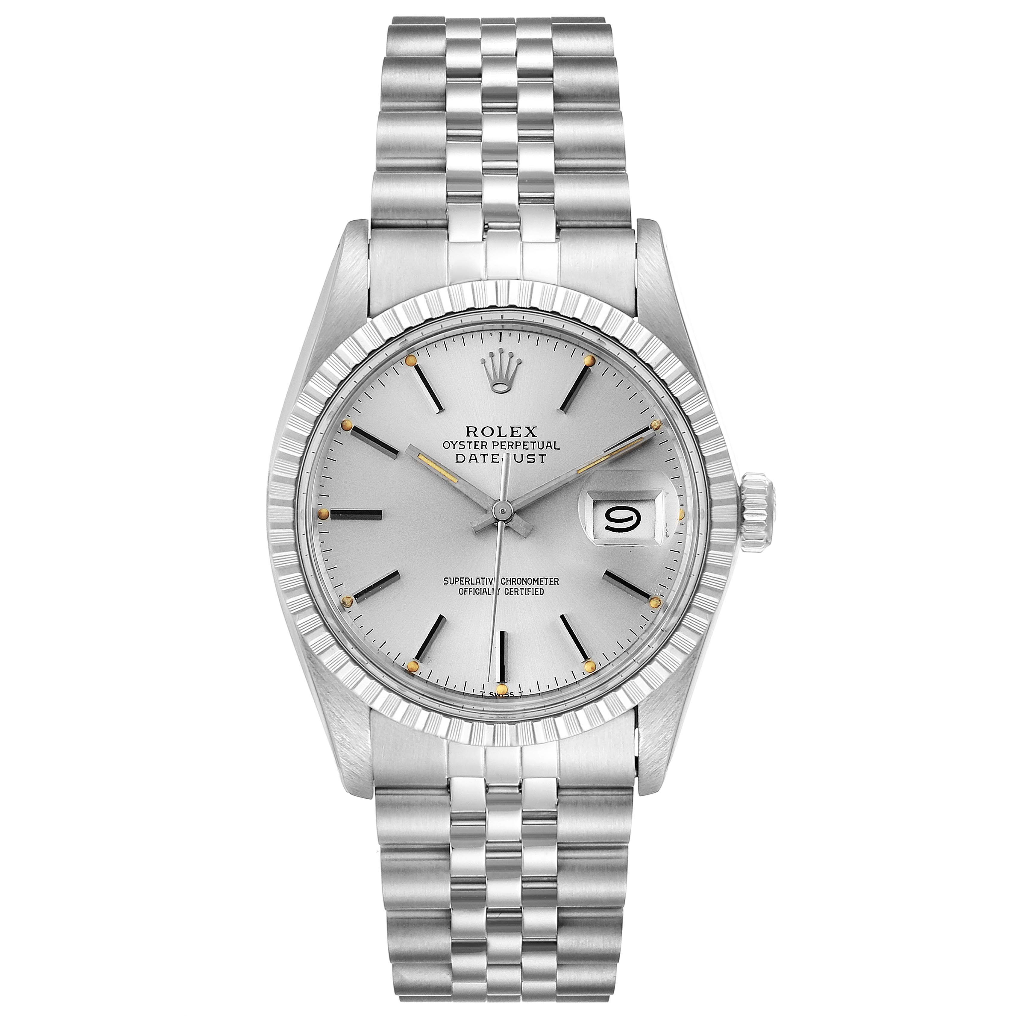 This image shows a frontal view of the Rolex Vintage Collection 16030 Men's Stainless Steel Silver Dial 16030 Men's Stainless Steel Silver Dial Oyster Perpetual Datejust watch, highlighting its dial and bracelet.