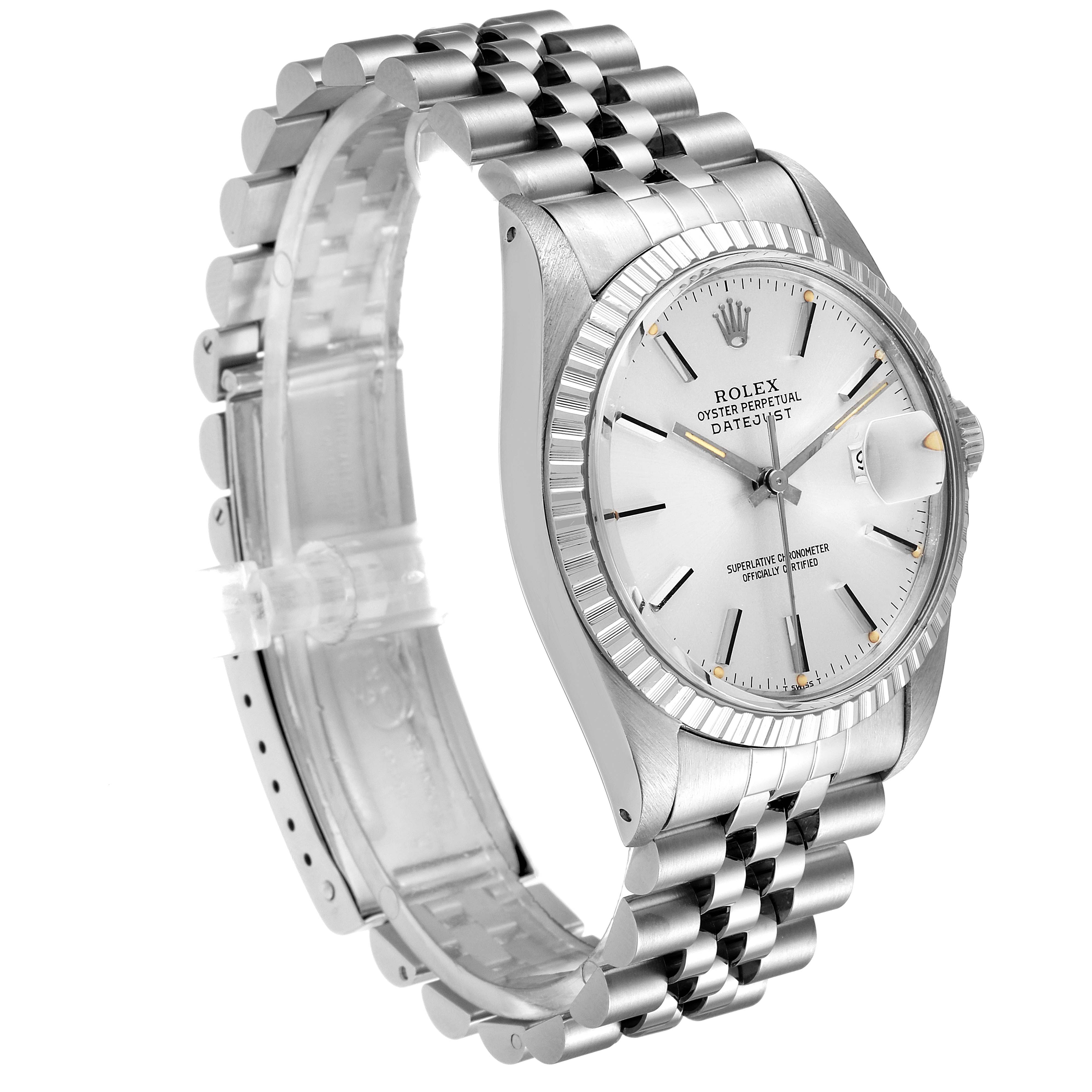 The image shows a side angle of the Rolex Vintage Collection 16030 Men's Stainless Steel Silver Dial 16030 Men's Stainless Steel Silver Dial Datejust model, featuring its face and stainless steel bracelet.