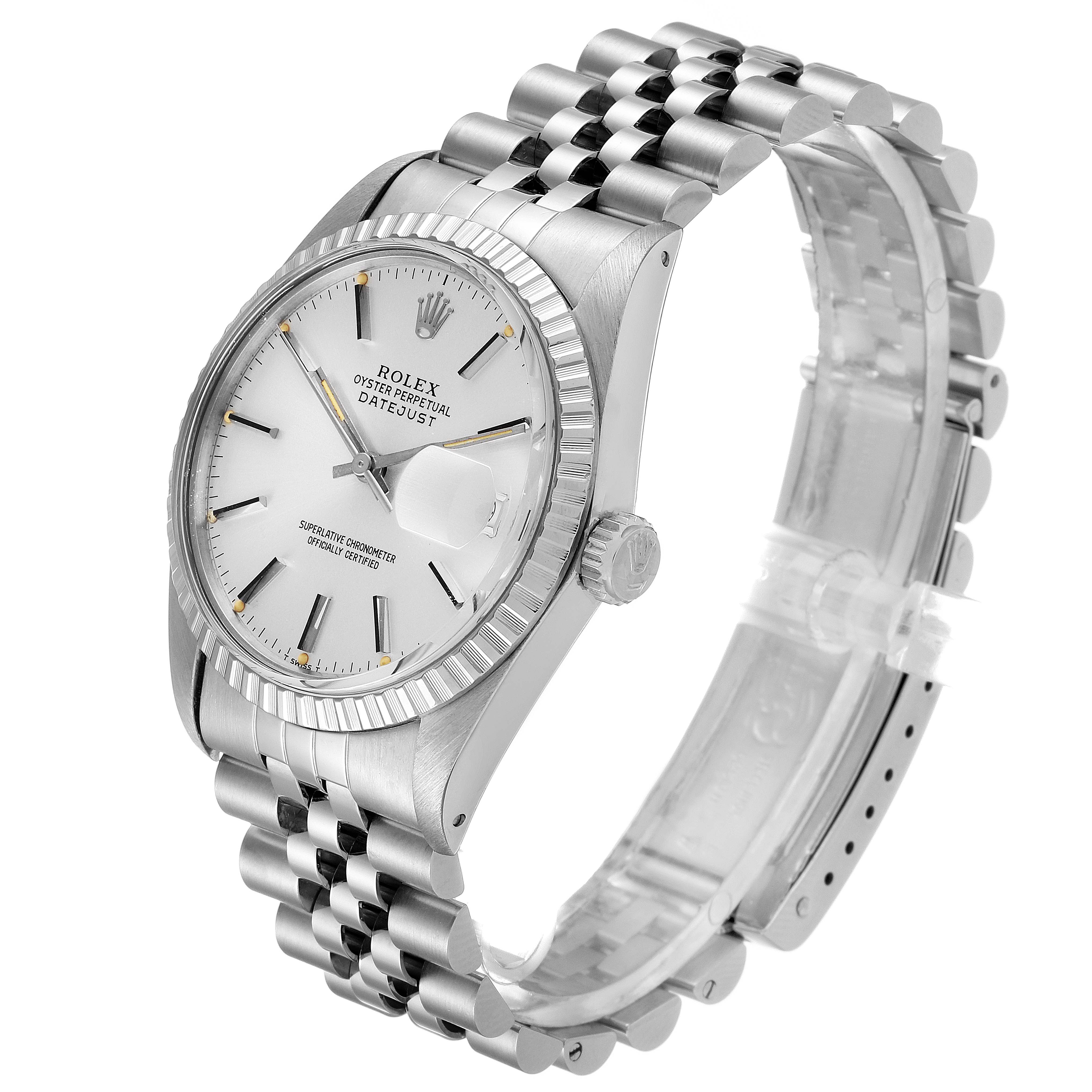The image shows a side profile of the Rolex Vintage Collection 16030 Men's Stainless Steel Silver Dial 16030 Men's Stainless Steel Silver Dial watch, featuring the face, crown, and part of the metal bracelet.