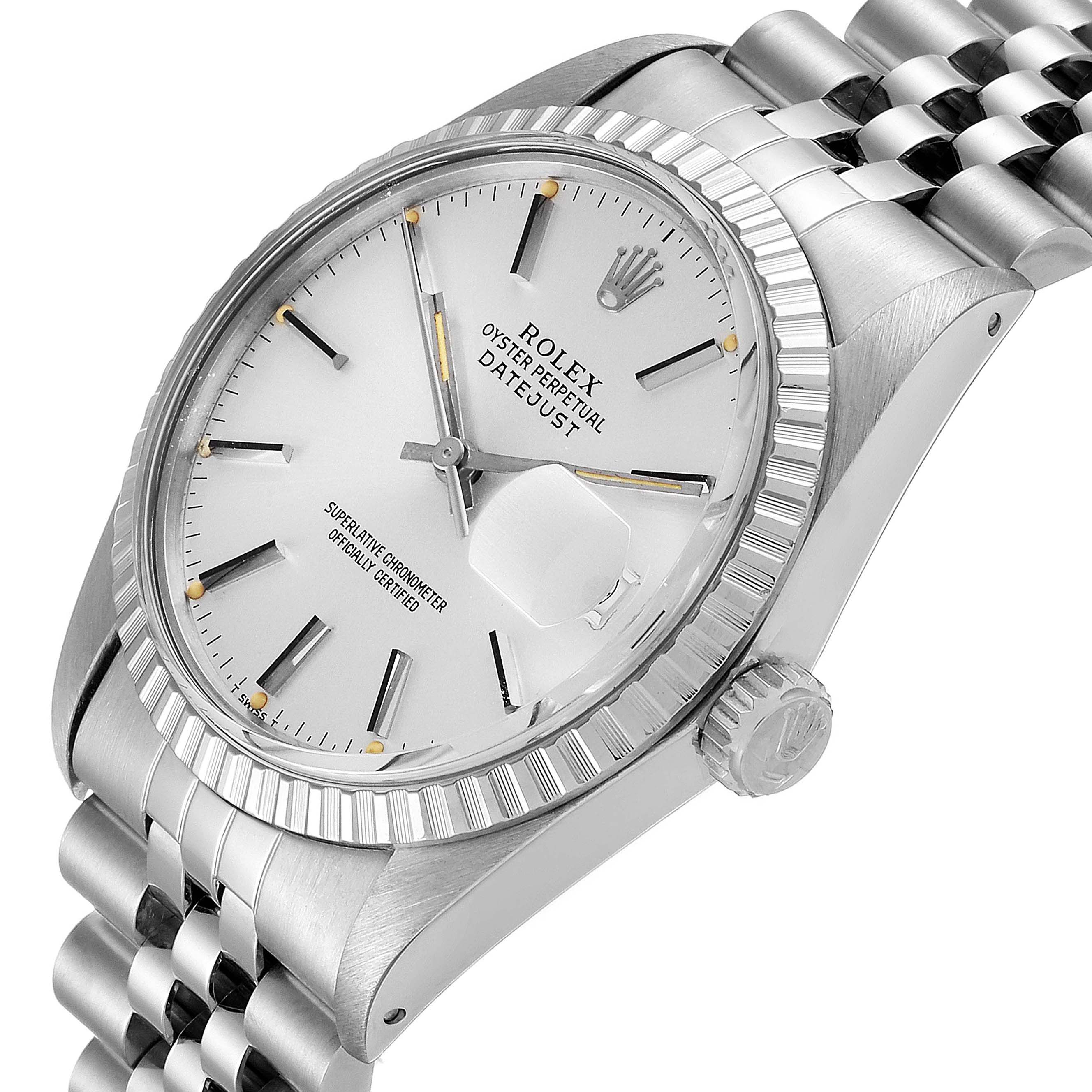 The Rolex Oyster Perpetual Datejust from the Vintage Collection is shown from a three-quarter angle displaying the dial, bezel, crown, and bracelet.
