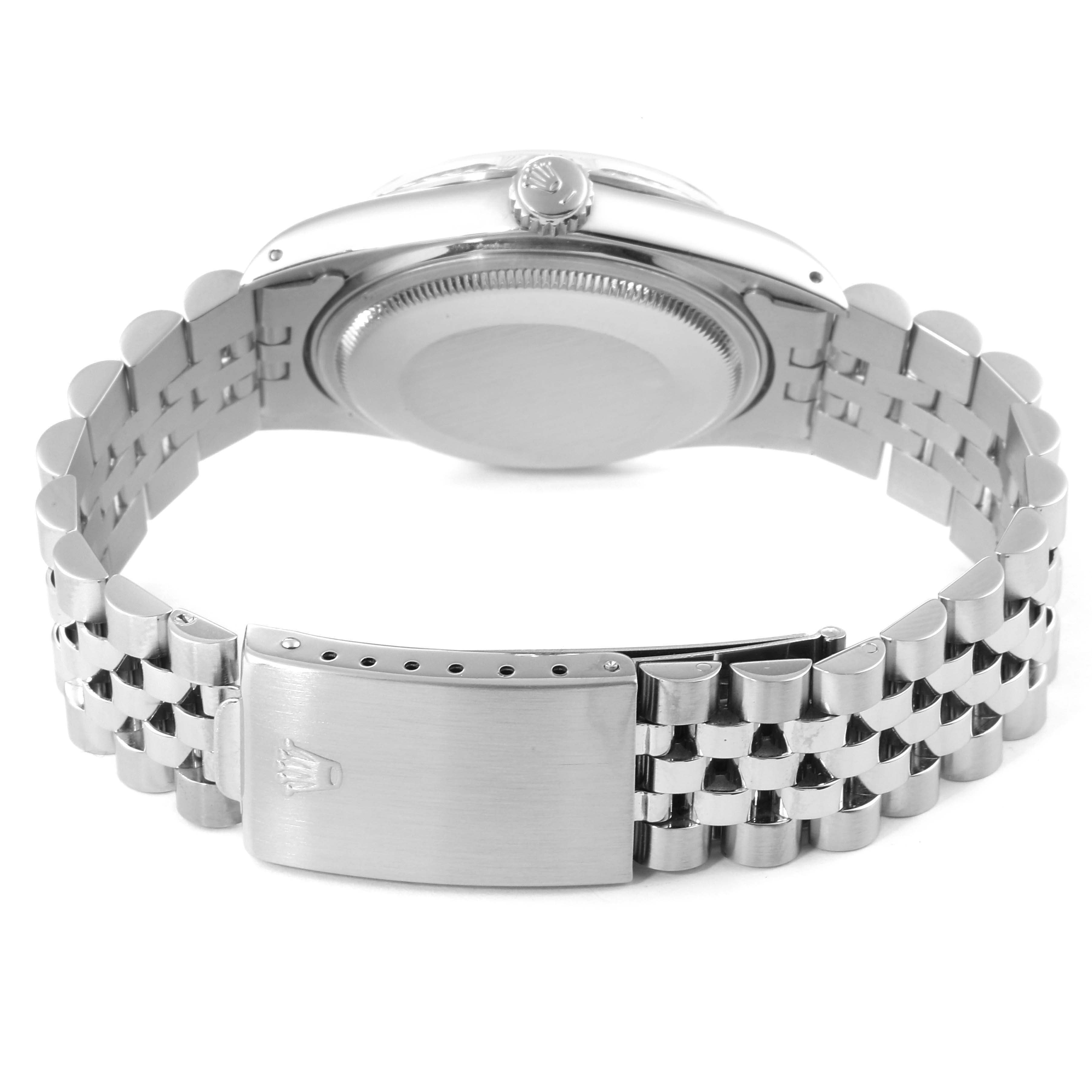 The image shows the back view of a Rolex Vintage Collection 16030 Men
s Stainless Steel Silver Dial 16030 Men
s Stainless Steel Silver Dial model, highlighting the clasp, bracelet, and watch back.