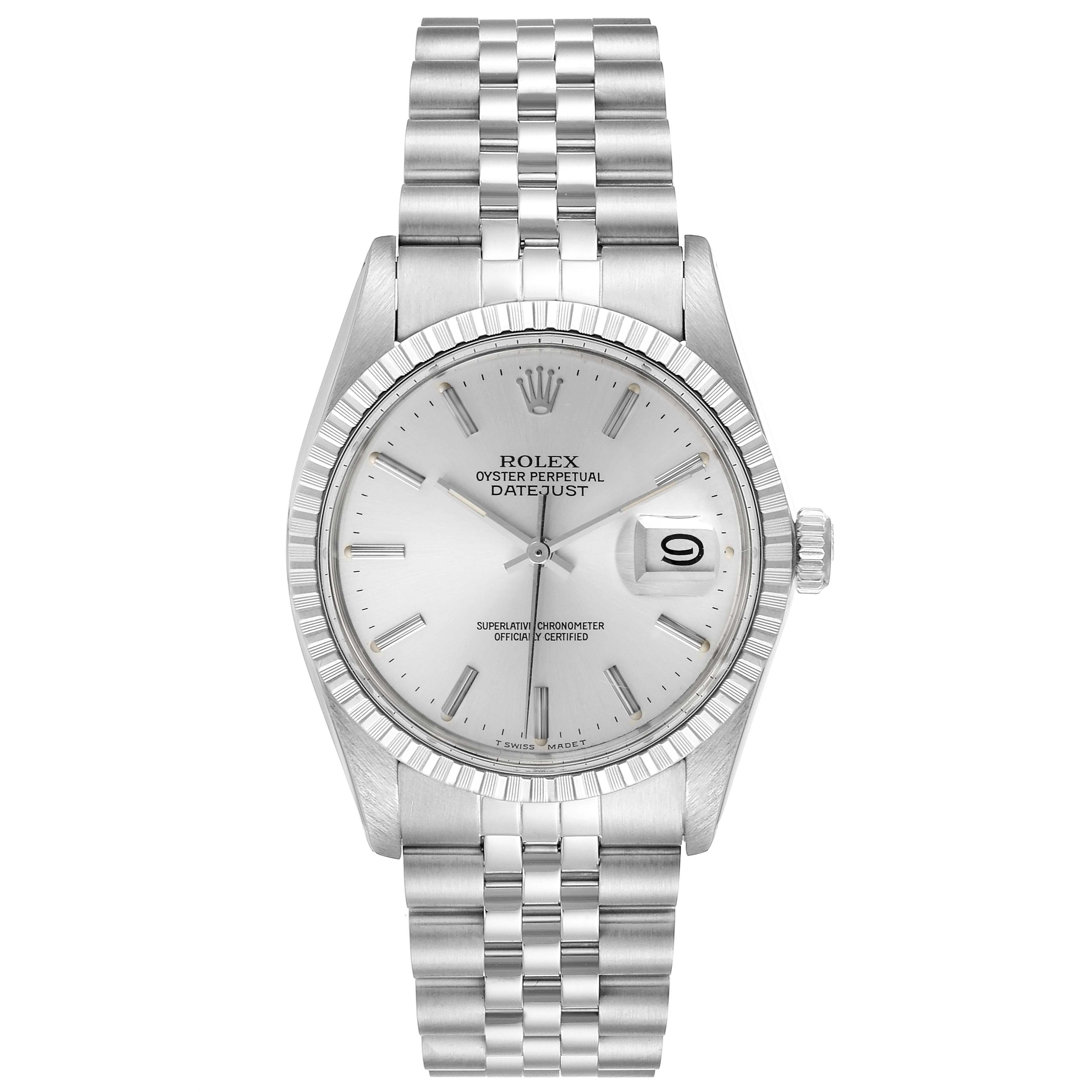 This image shows a front angle view of the Rolex Vintage Collection 16030 Men
s Stainless Steel Silver Dial 16030 Men
s Stainless Steel Silver Dial Oyster Perpetual Datejust watch, displaying the dial, bezel, and bracelet.