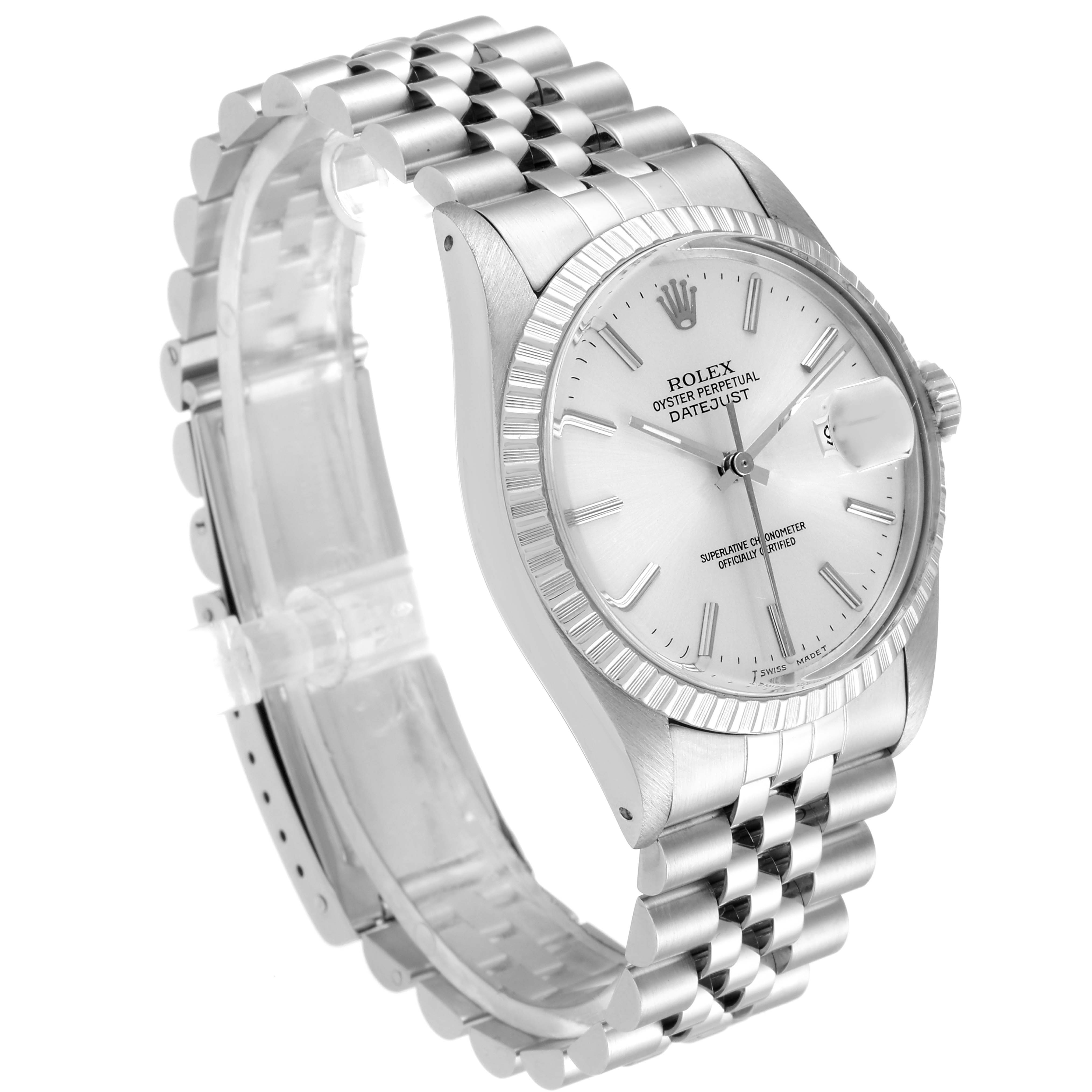 The Rolex Vintage Collection 16030 Men
s Stainless Steel Silver Dial 16030 Men
s Stainless Steel Silver Dial model watch is shown at a 3/4 angle, highlighting the face, crown, and metal link band.